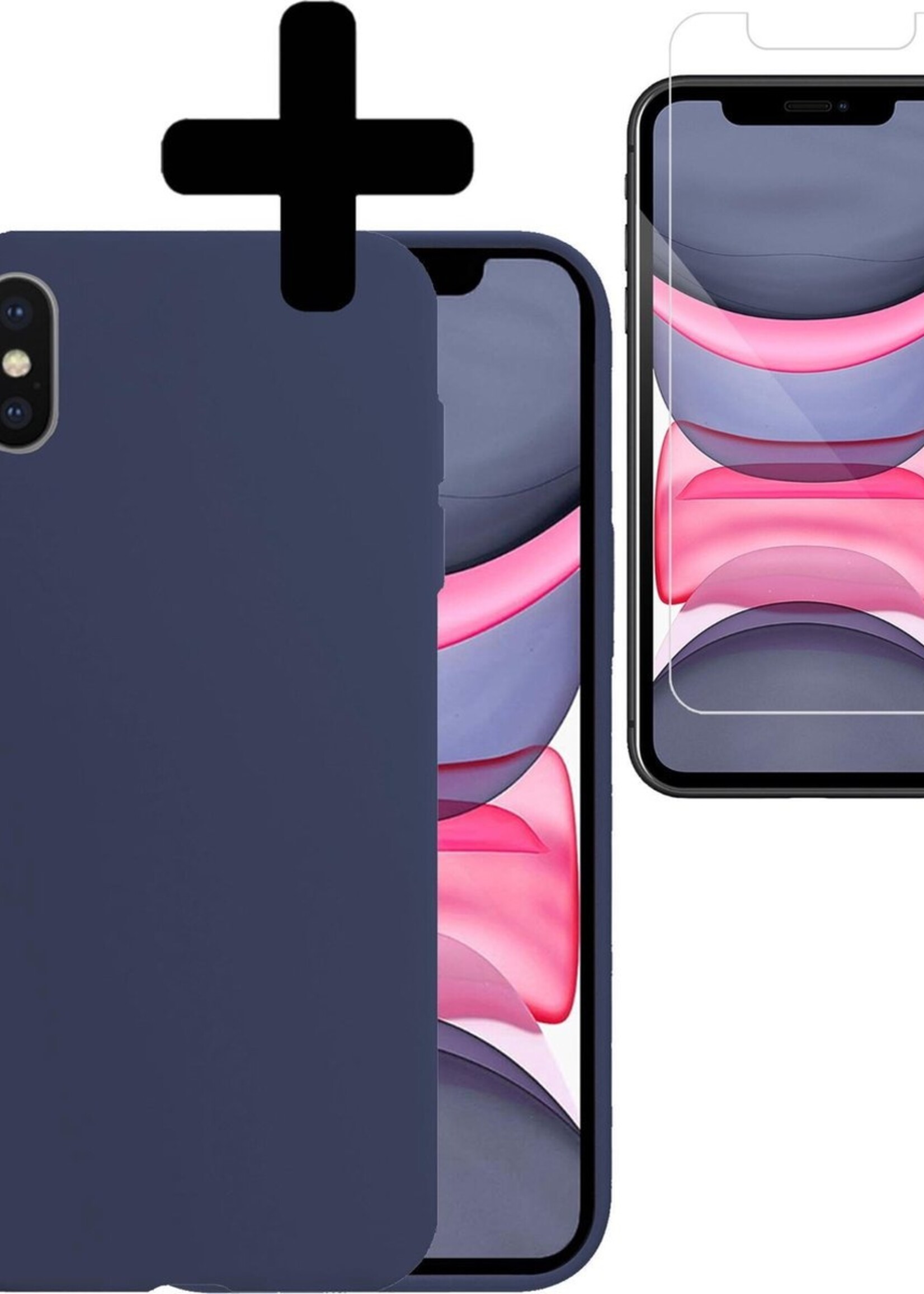 LUQ Hoesje Geschikt voor iPhone X Hoesje Siliconen Case Met Screenprotector - Hoes Geschikt voor iPhone X Hoes Siliconen - Donkerblauw