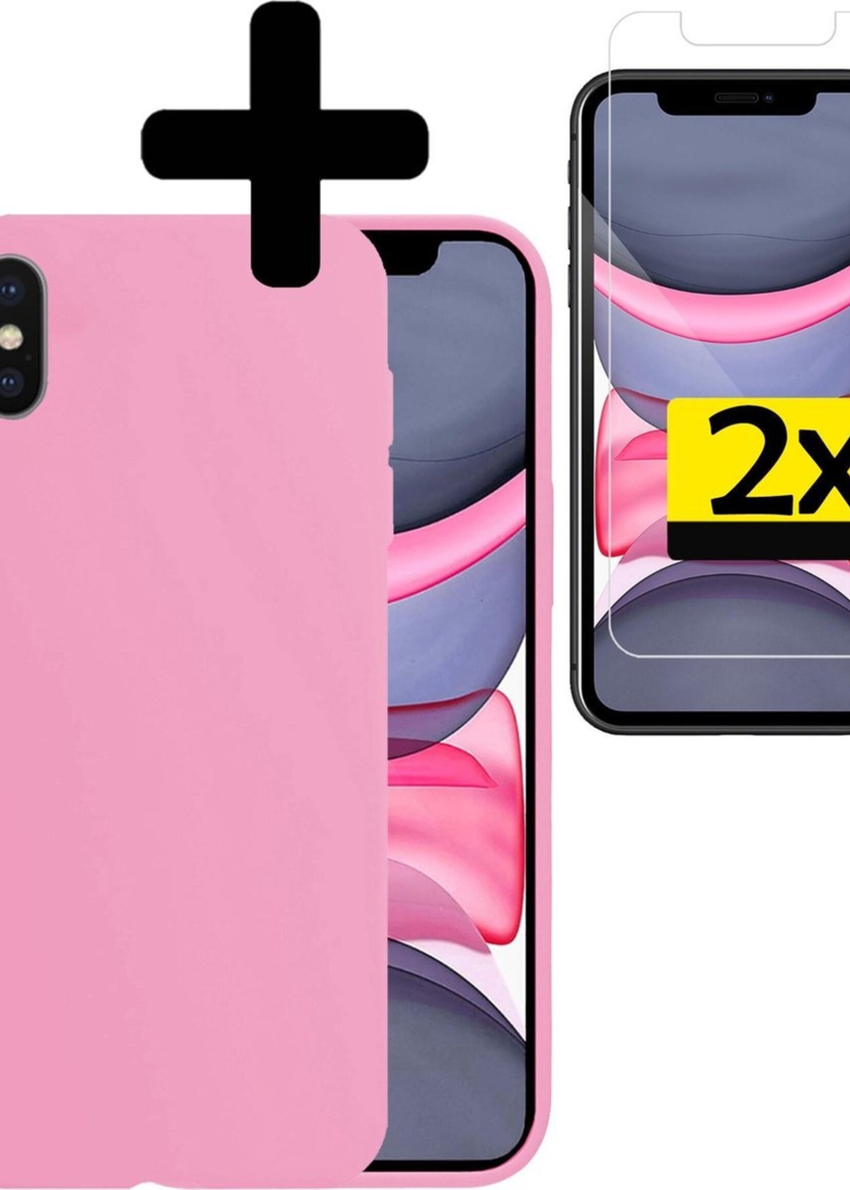 LUQ Hoesje Geschikt voor iPhone X Hoesje Siliconen Case Met 2x Screenprotector - Hoes Geschikt voor iPhone X Hoes Siliconen - Roze