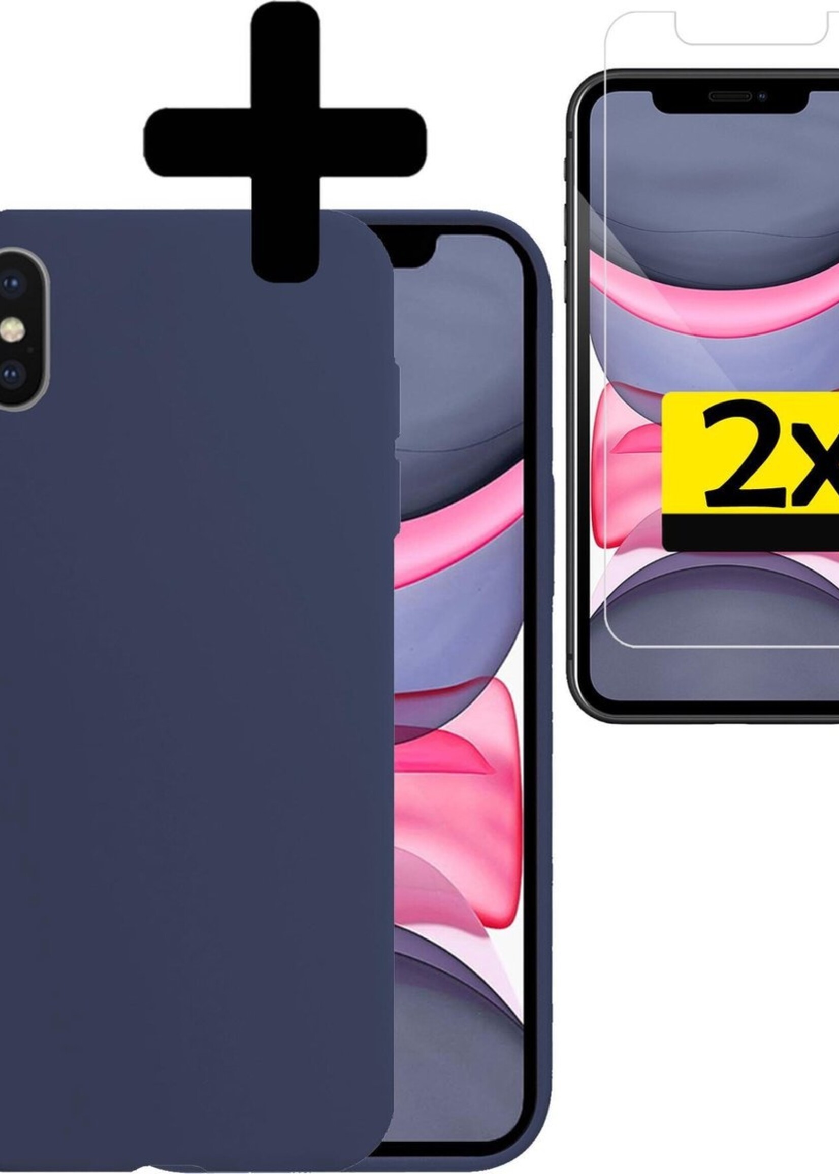 LUQ Hoesje Geschikt voor iPhone Xs Hoesje Siliconen Case Met 2x Screenprotector - Hoes Geschikt voor iPhone Xs Hoes Siliconen - Donkerblauw