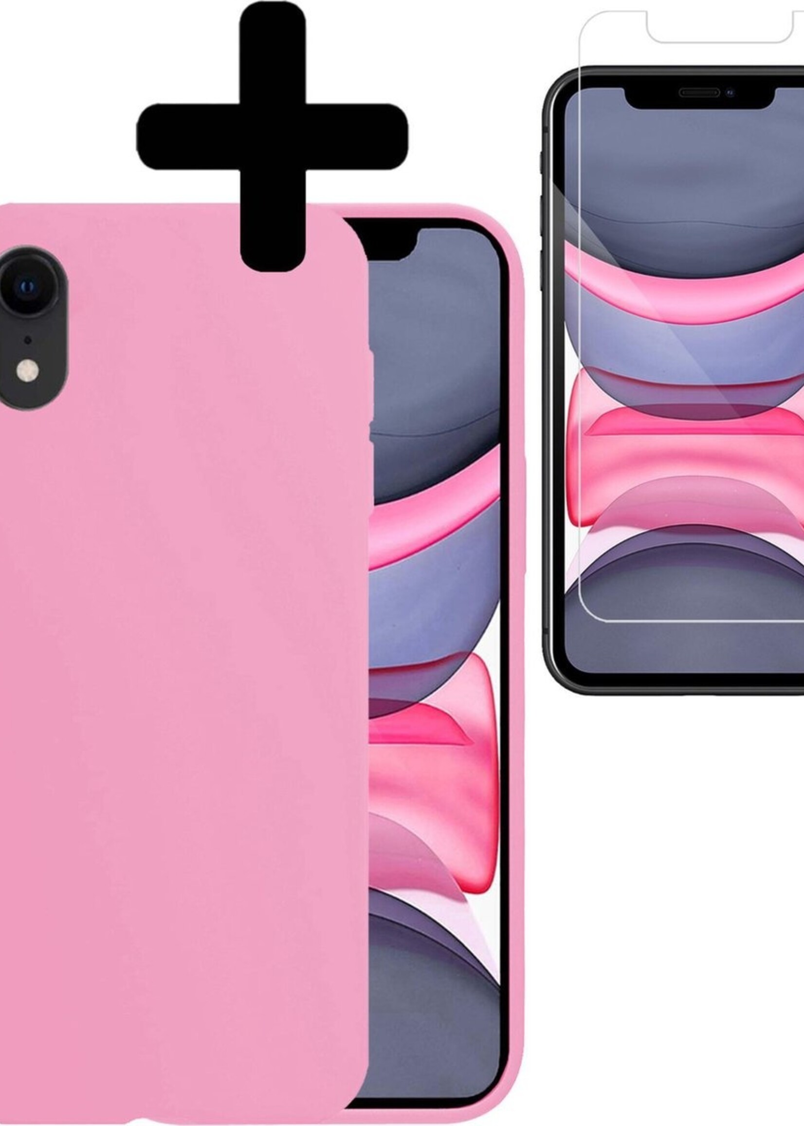 LUQ Hoesje Geschikt voor iPhone XR Hoesje Siliconen Case Met Screenprotector - Hoes Geschikt voor iPhone XR Hoes Siliconen - Roze