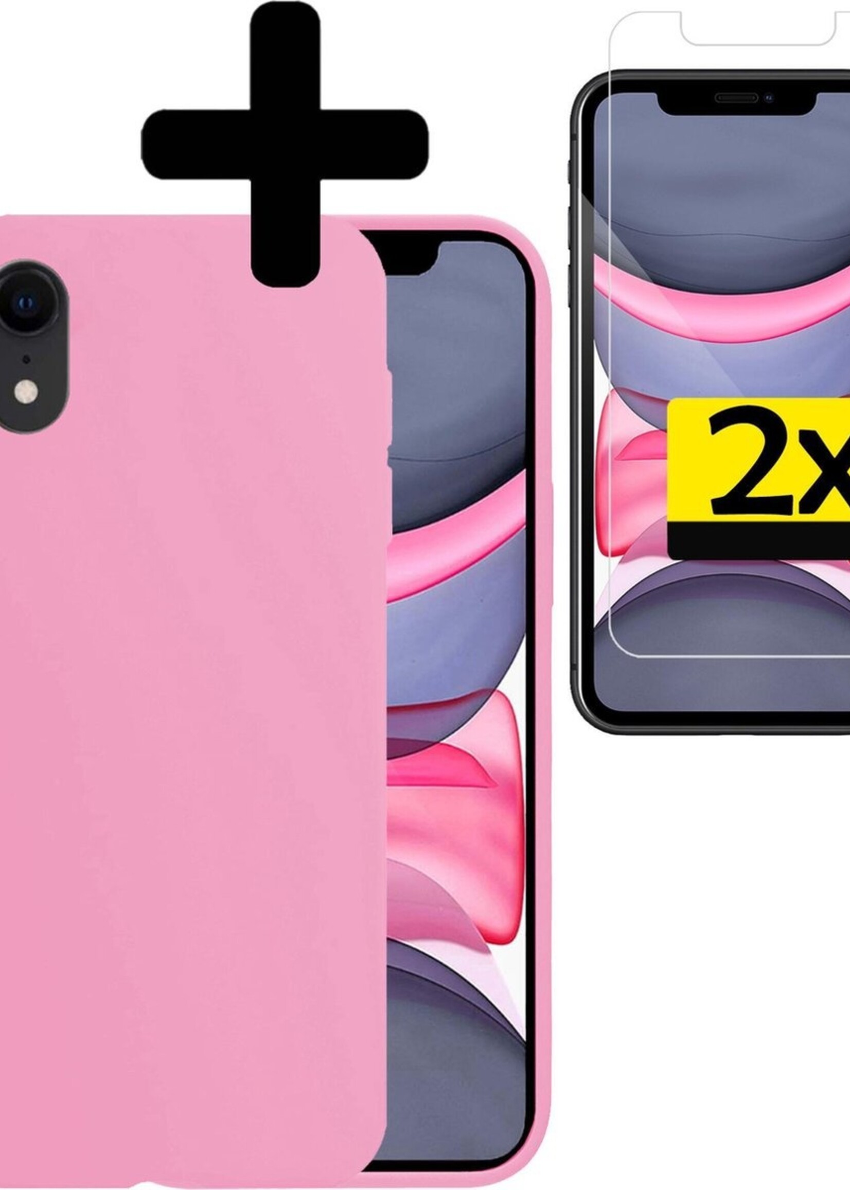 LUQ Hoesje Geschikt voor iPhone XR Hoesje Siliconen Case Met 2x Screenprotector - Hoes Geschikt voor iPhone XR Hoes Siliconen - Roze