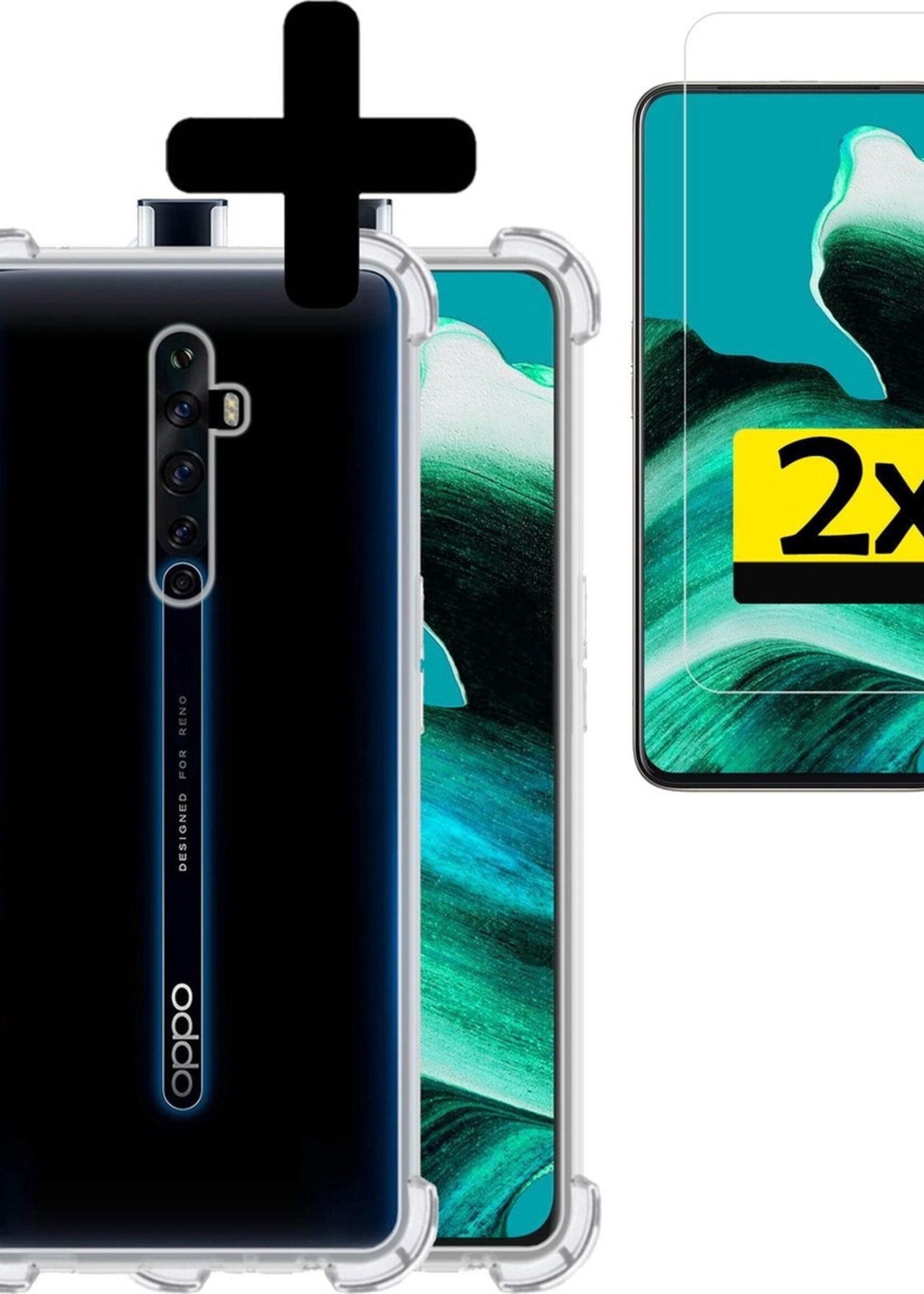 LUQ Hoesje Geschikt voor OPPO Reno 2 Hoesje Shockproof Case Siliconen Met 2x Screenprotector - Hoes Geschikt voor OPPO Reno 2 Hoes Cover Siliconen - Transparant