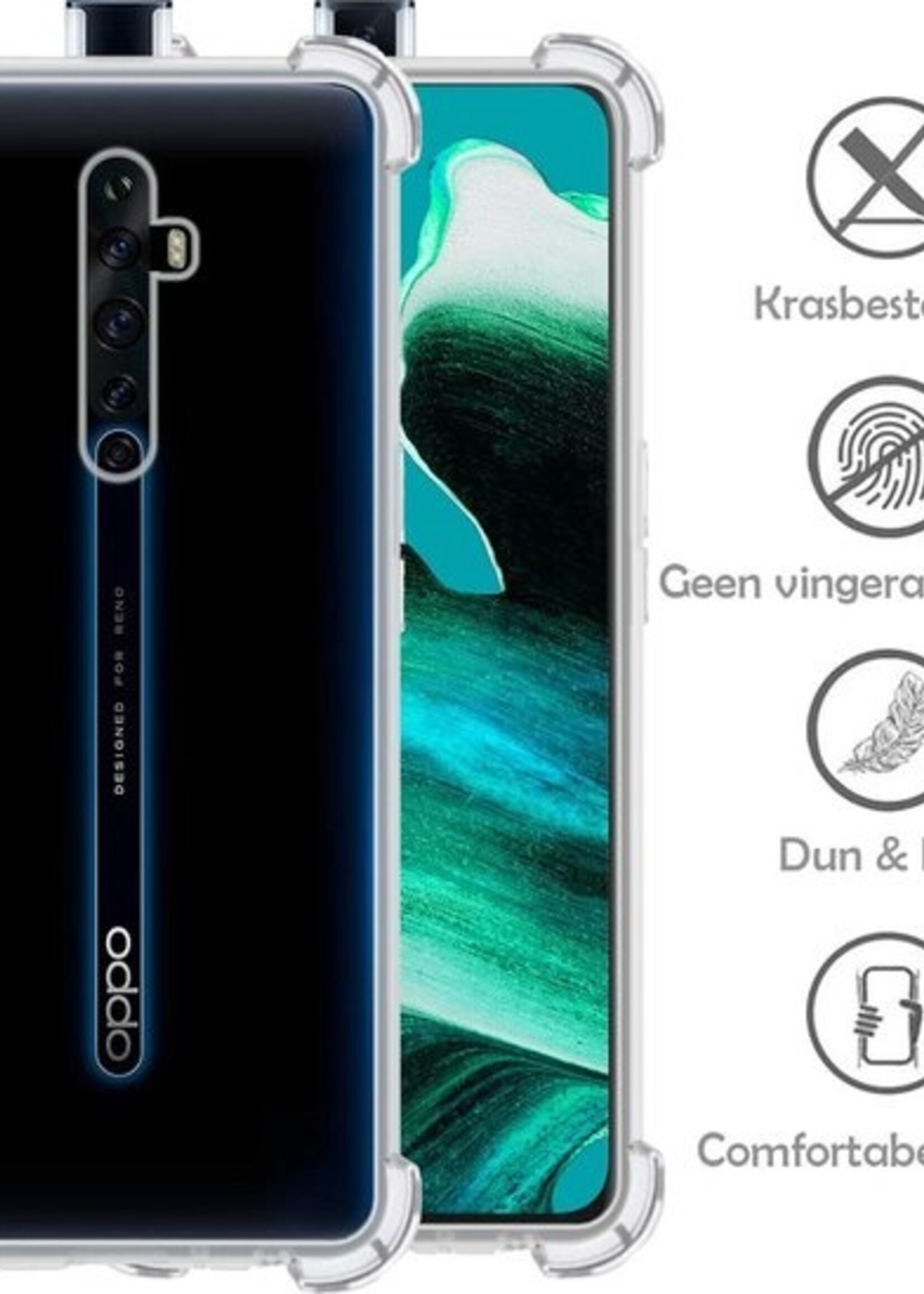 LUQ Hoesje Geschikt voor OPPO Reno 2 Hoesje Shockproof Case Siliconen Met 2x Screenprotector - Hoes Geschikt voor OPPO Reno 2 Hoes Cover Siliconen - Transparant