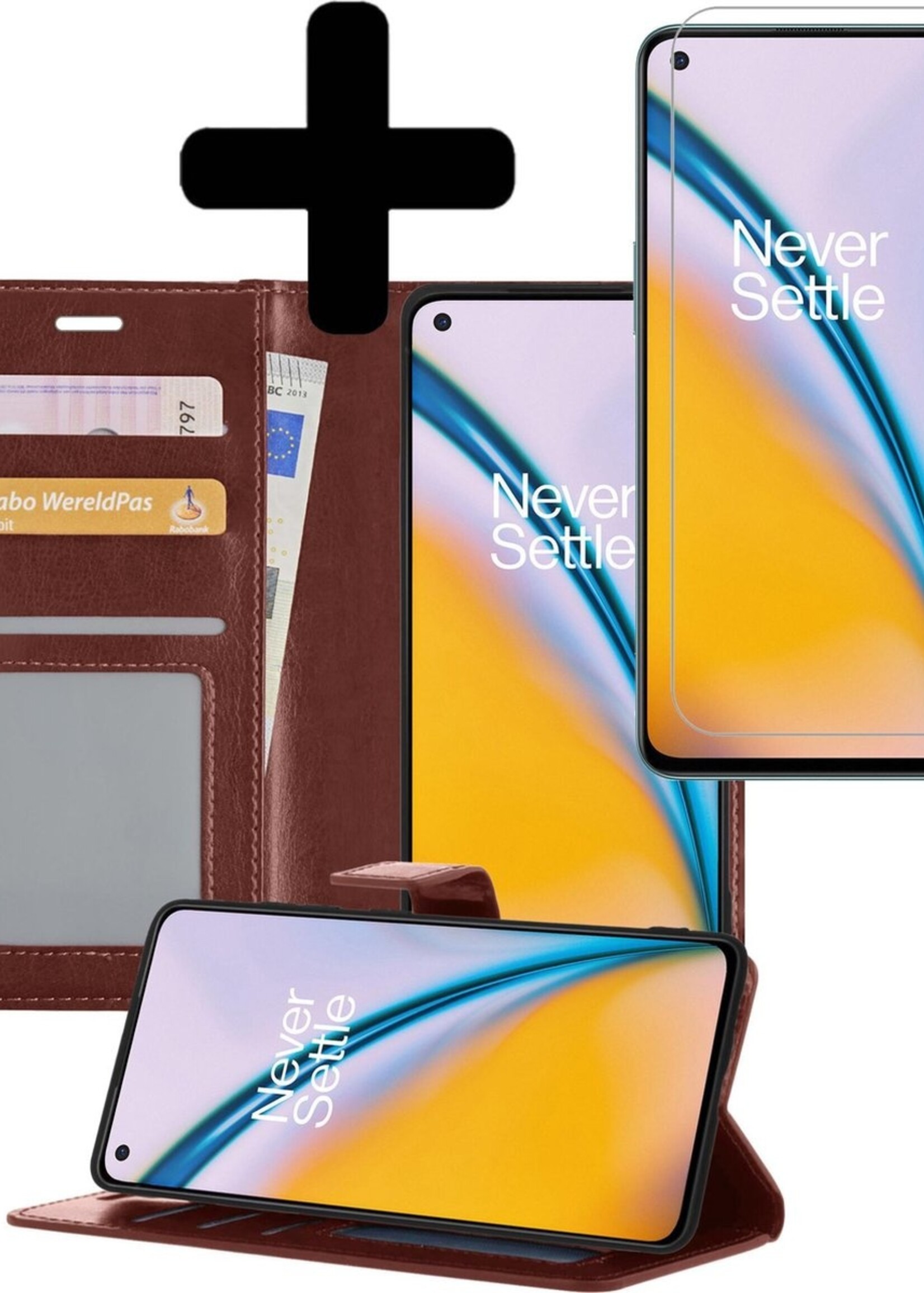 LUQ Hoesje Geschikt voor OnePlus Nord 2 Hoesje Book Case Hoes Wallet Cover Met Screenprotector - Hoes Geschikt voor OnePlus Nord 2 Hoesje Bookcase Hoes - Bruin