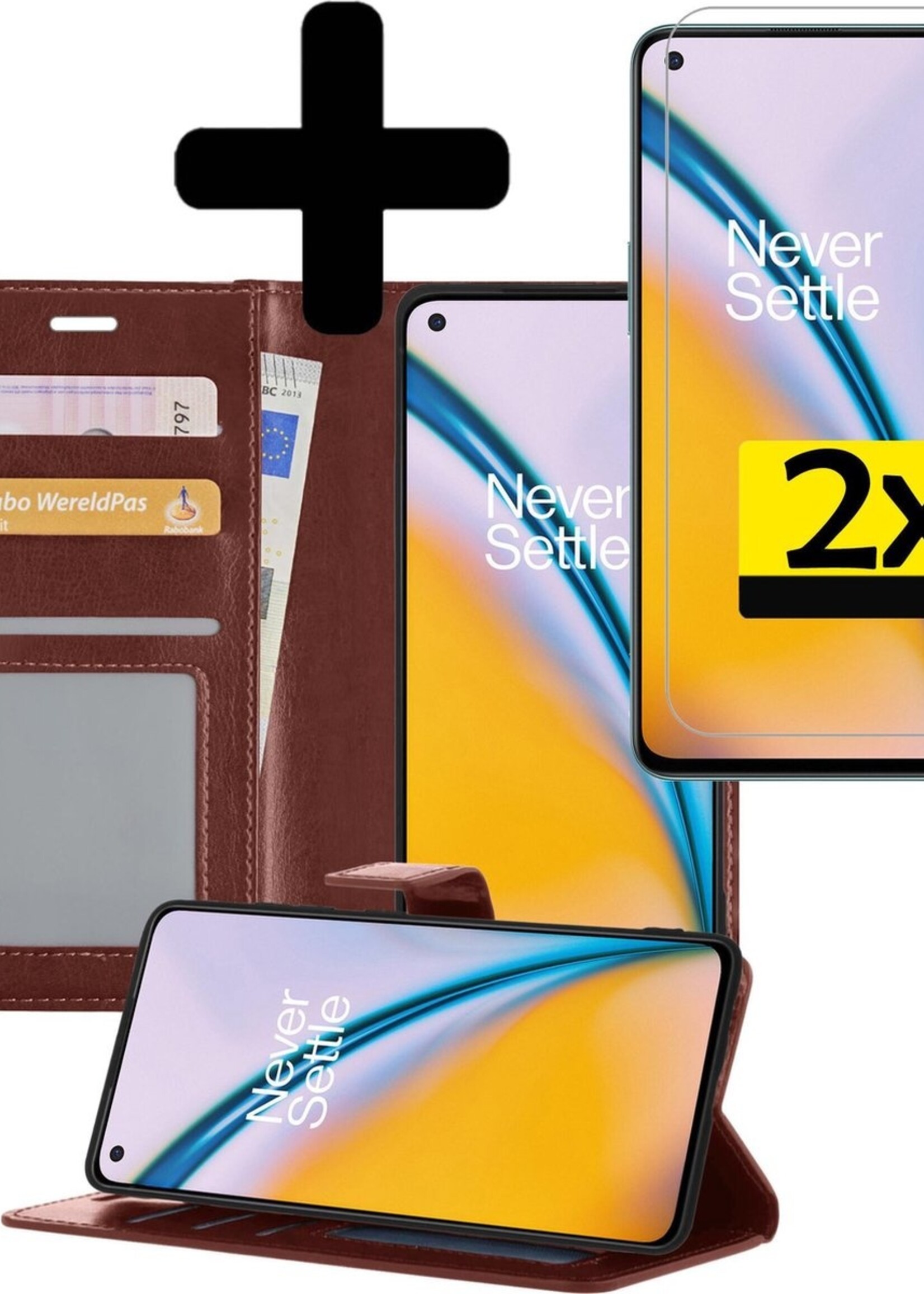 LUQ Hoesje Geschikt voor OnePlus Nord 2 Hoesje Book Case Hoes Wallet Cover Met 2x Screenprotector - Hoes Geschikt voor OnePlus Nord 2 Hoesje Bookcase Hoes - Bruin