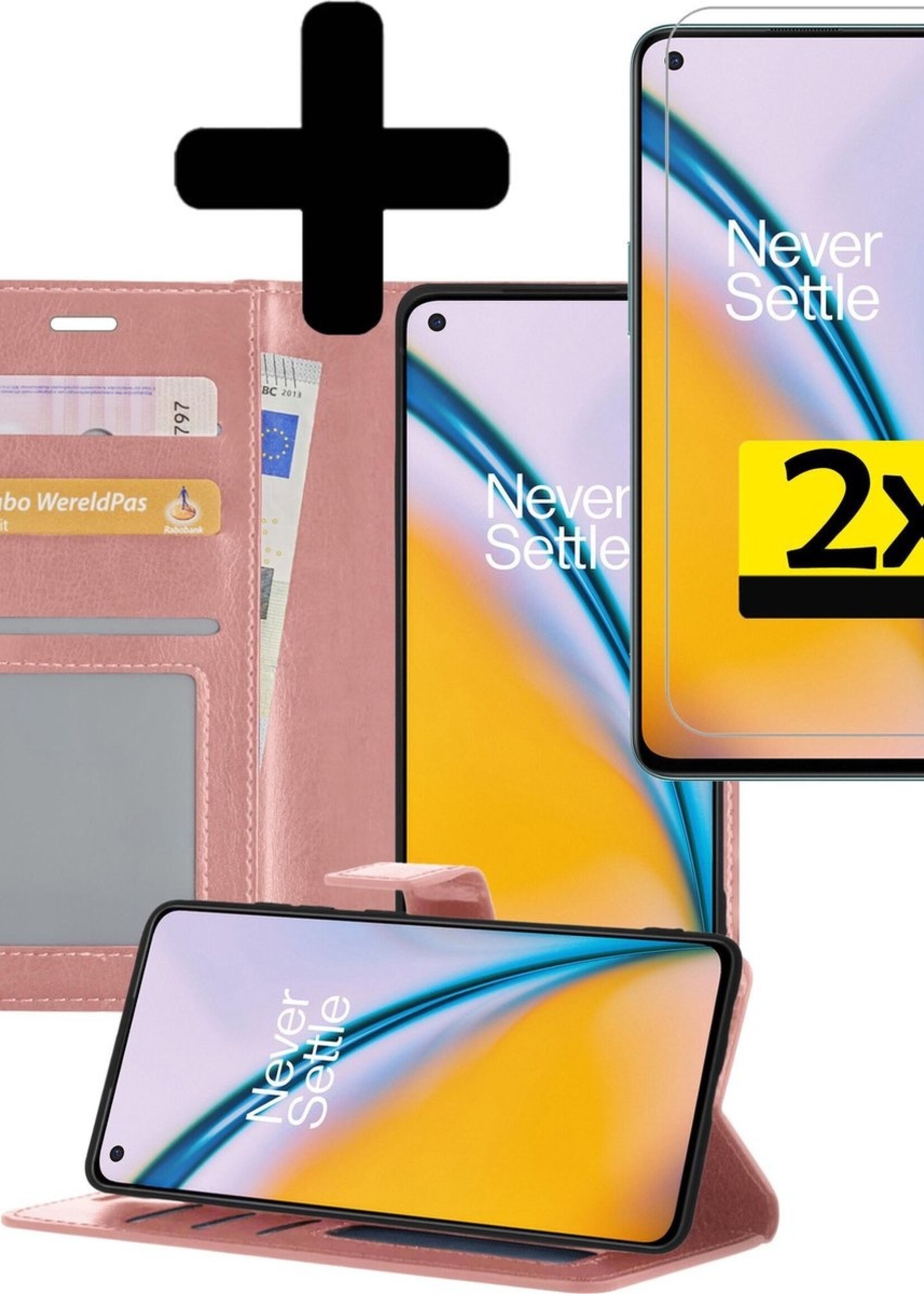 LUQ Hoesje Geschikt voor OnePlus Nord 2 Hoesje Book Case Hoes Wallet Cover Met 2x Screenprotector - Hoes Geschikt voor OnePlus Nord 2 Hoesje Bookcase Hoes - Rosé goud