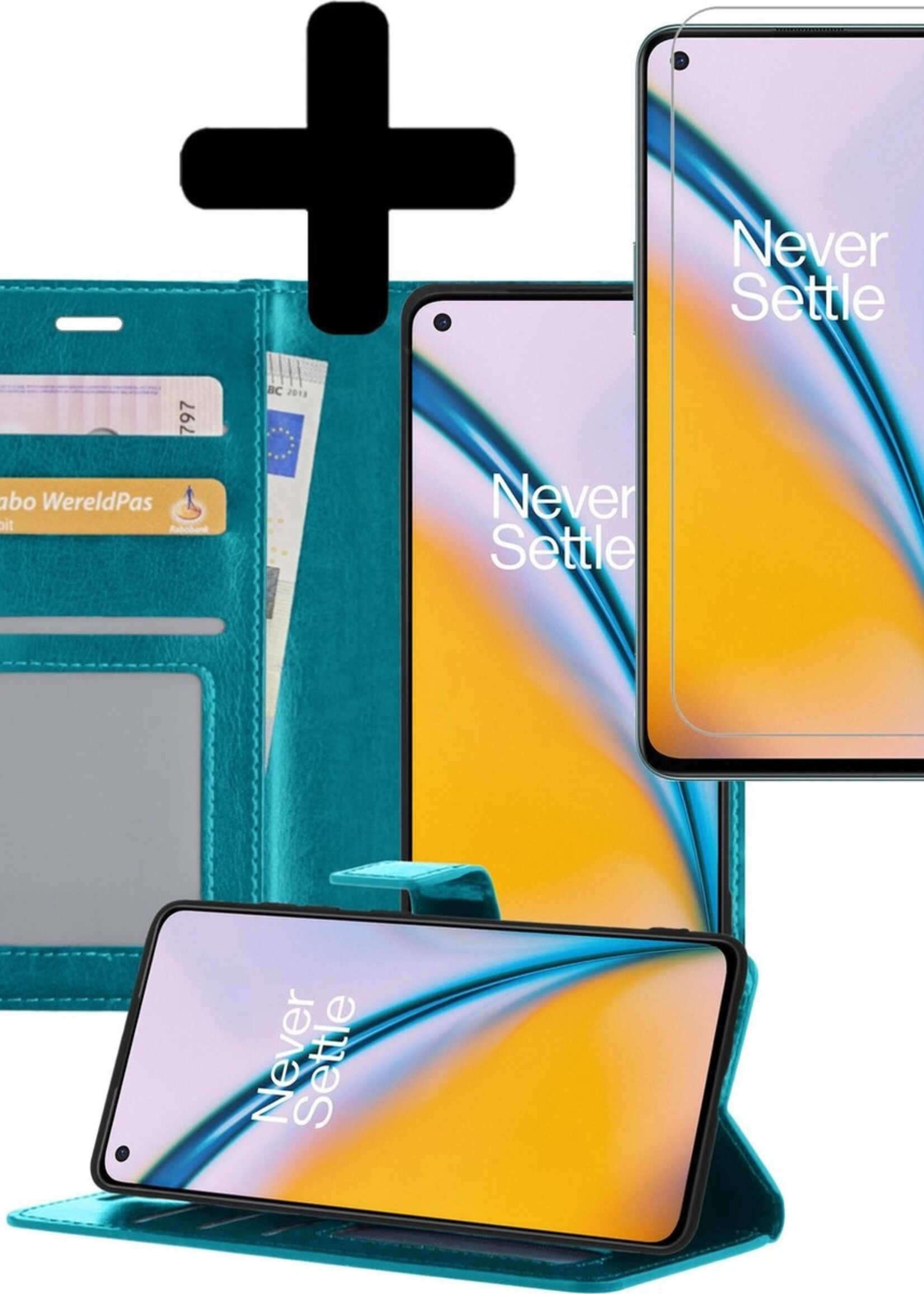 LUQ Hoesje Geschikt voor OnePlus Nord 2 Hoesje Book Case Hoes Wallet Cover Met Screenprotector - Hoes Geschikt voor OnePlus Nord 2 Hoesje Bookcase Hoes - Turquoise