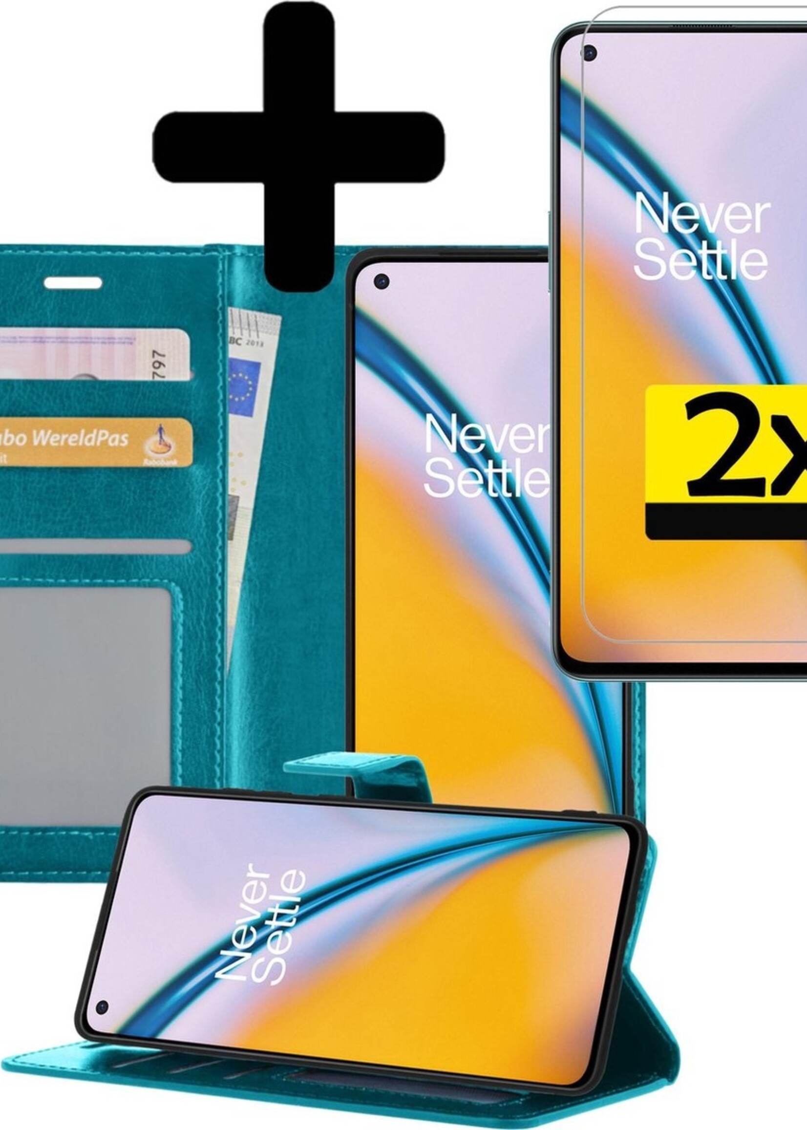 LUQ Hoesje Geschikt voor OnePlus Nord 2 Hoesje Book Case Hoes Wallet Cover Met 2x Screenprotector - Hoes Geschikt voor OnePlus Nord 2 Hoesje Bookcase Hoes - Turquoise