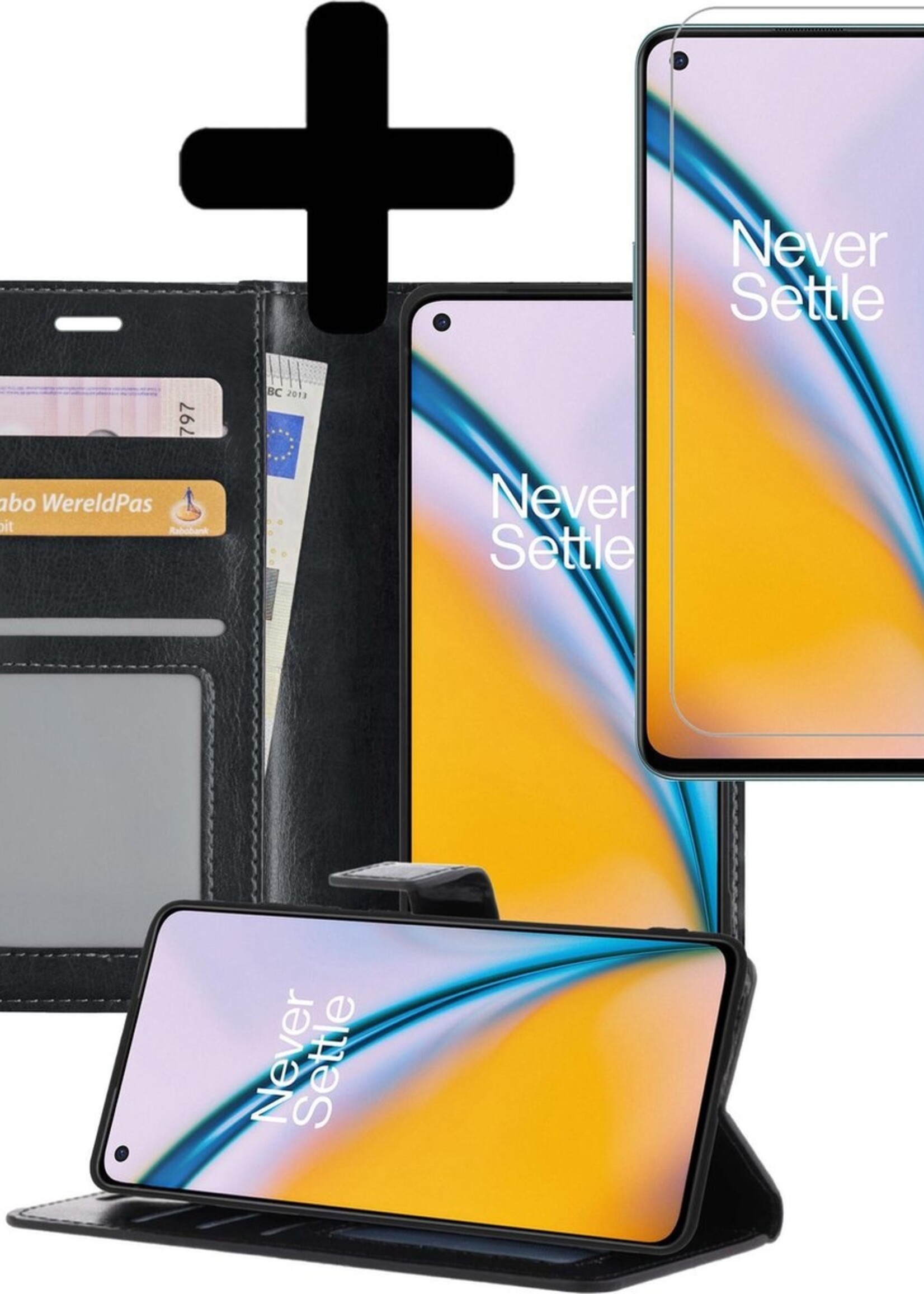 LUQ Hoesje Geschikt voor OnePlus Nord 2 Hoesje Book Case Hoes Wallet Cover Met Screenprotector - Hoes Geschikt voor OnePlus Nord 2 Hoesje Bookcase Hoes - Zwart