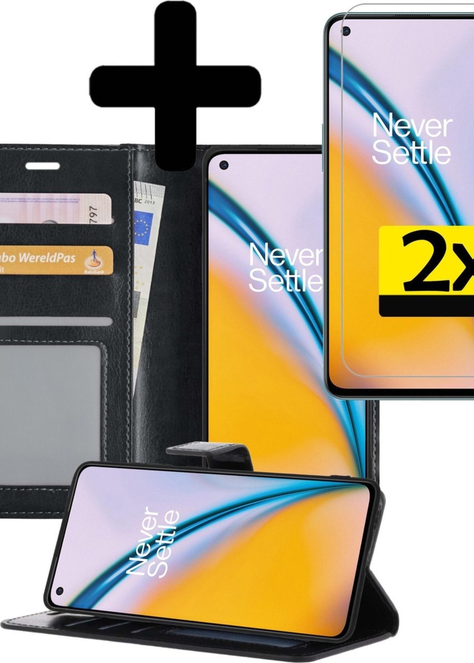 LUQ Hoesje Geschikt voor OnePlus Nord 2 Hoesje Book Case Hoes Wallet Cover Met 2x Screenprotector - Hoes Geschikt voor OnePlus Nord 2 Hoesje Bookcase Hoes - Zwart
