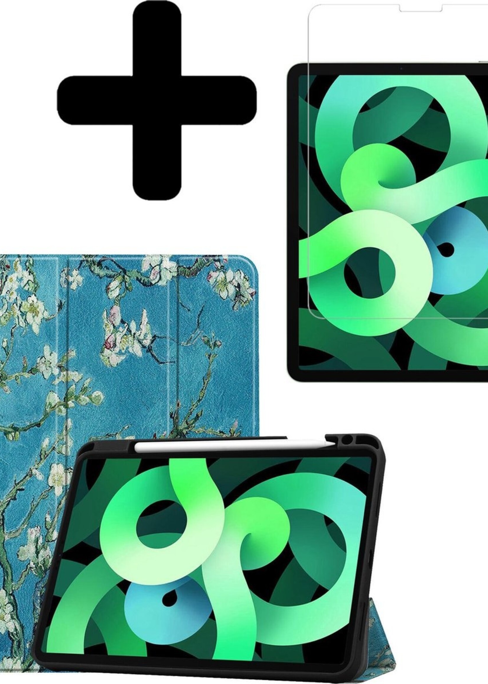 LUQ Hoes Geschikt voor iPad Air 2020 Hoes Luxe Hoesje Case Met Uitsparing Geschikt voor Apple Pencil Met Screenprotector - Hoesje Geschikt voor iPad Air 4 2020 Hoes Cover - Bloesem