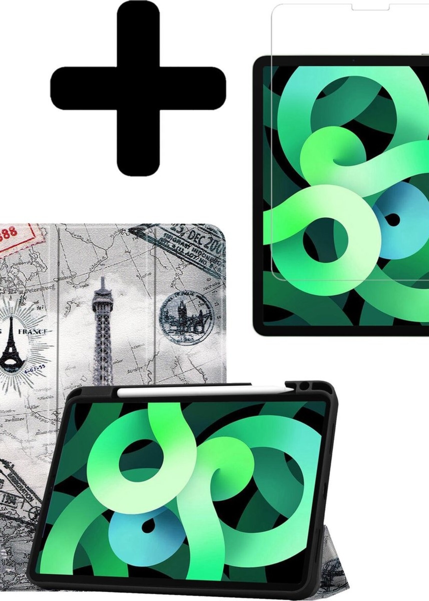 LUQ Hoes Geschikt voor iPad Air 2020 Hoes Luxe Hoesje Case Met Uitsparing Geschikt voor Apple Pencil Met Screenprotector - Hoesje Geschikt voor iPad Air 4 2020 Hoes Cover - Eiffeltoren