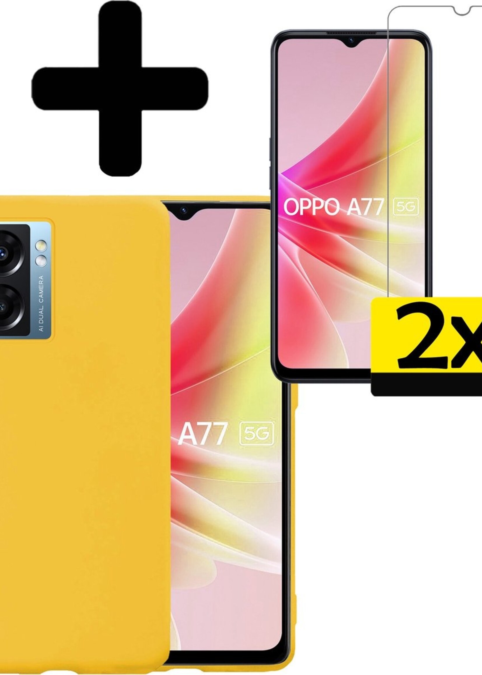 LUQ Hoesje Geschikt voor OPPO A77 Hoesje Siliconen Case Met 2x Screenprotector - Hoes Geschikt voor OPPO A77 Hoes Siliconen - Geel