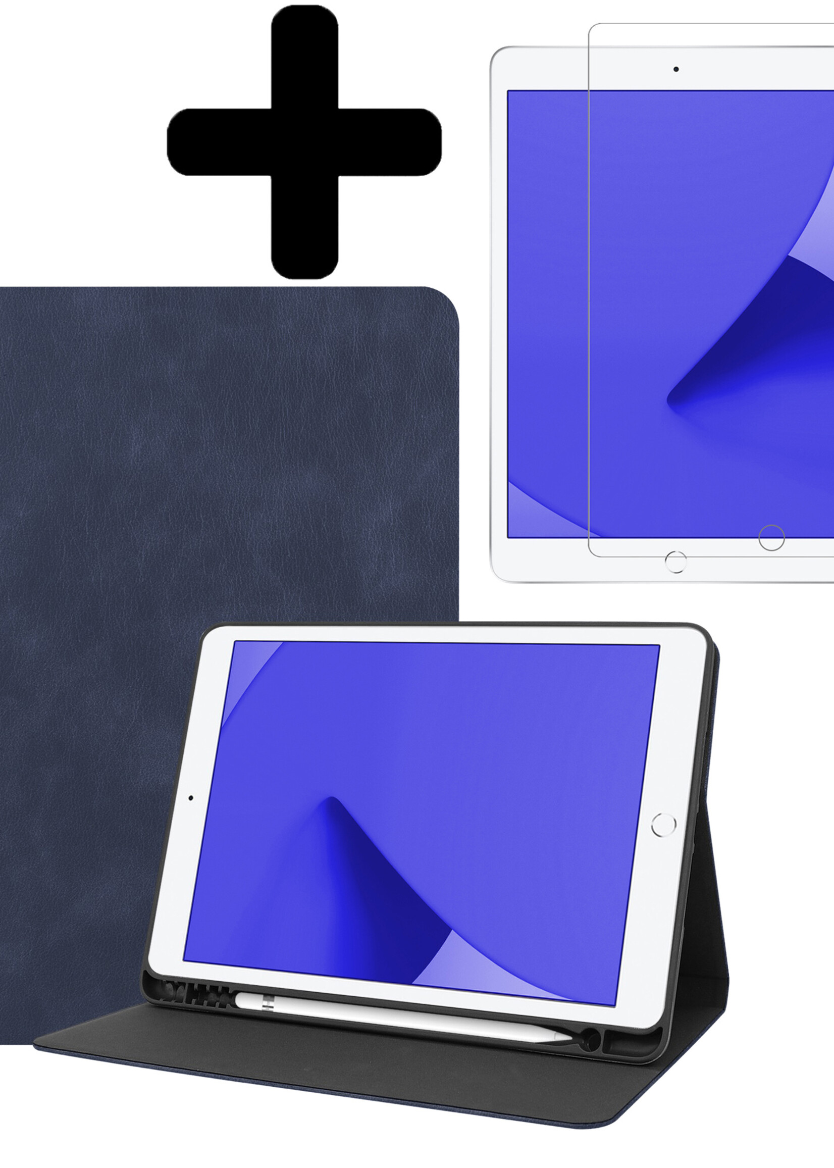 LUQ Hoes Geschikt voor iPad 10.2 2021 Hoes Luxe Hoesje Book Case Cover Met Uitsparing Geschikt voor Apple Pencil Met Screenprotector - Hoesje Geschikt voor iPad 9 Hoesje Bookcase - Donkerblauw
