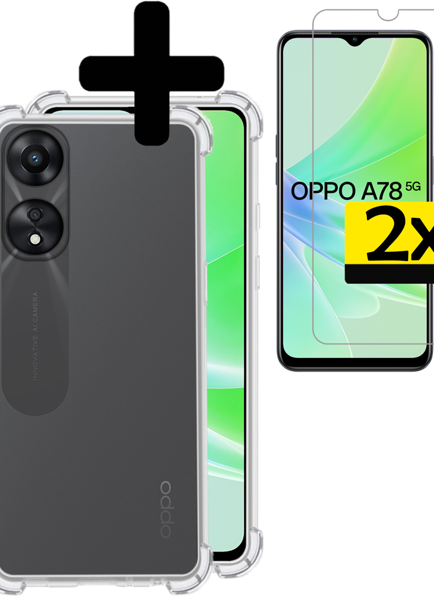 LUQ Hoesje Geschikt voor OPPO A78 5G Hoesje Shockproof Case Siliconen Met 2x Screenprotector - Hoes Geschikt voor OPPO A78 Hoes Cover Siliconen - Transparant