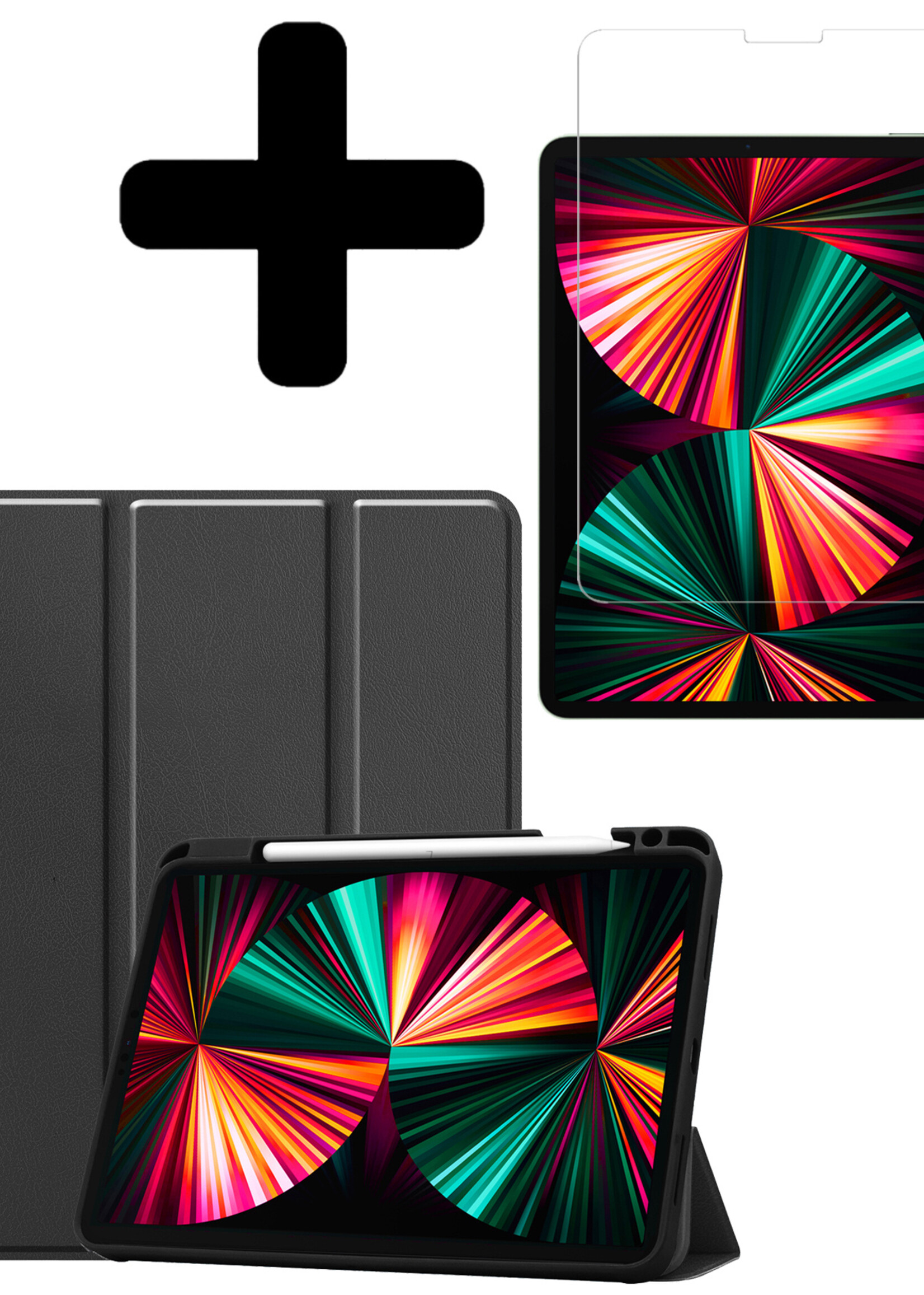 LUQ Hoes Geschikt voor iPad Pro 2021 (12,9 inch) Hoes Luxe Hoesje Case Met Uitsparing Geschikt voor Apple Pencil Met Screenprotector - Hoesje Geschikt voor iPad Pro 12,9 inch (2021) Hoes Cover - Zwart