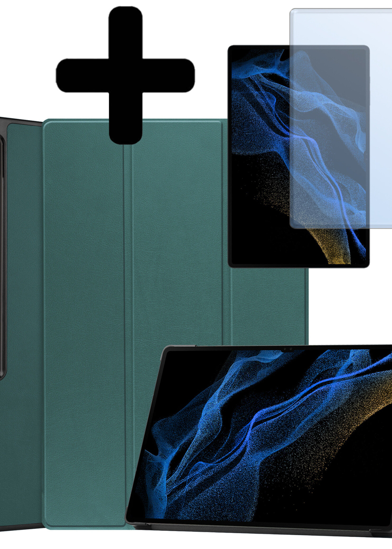 LUQ Samsung Galaxy Tab S9 Ultra Hoesje Luxe Book Case Hoes Met Uitsparing S Pen Met Screenprotector - Samsung Galaxy Tab S9 Ultra Hoes Cover - 14,6 inch - Donkergroen