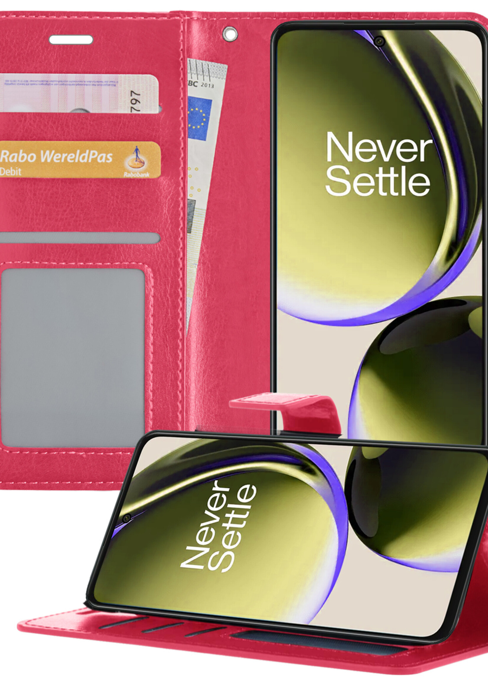 LUQ Hoesje Geschikt voor OnePlus Nord CE 3 Lite Hoesje Book Case Hoes Wallet Cover - Hoes Geschikt voor OnePlus Nord CE 3 Lite Hoesje Bookcase Hoes - Donkerroze