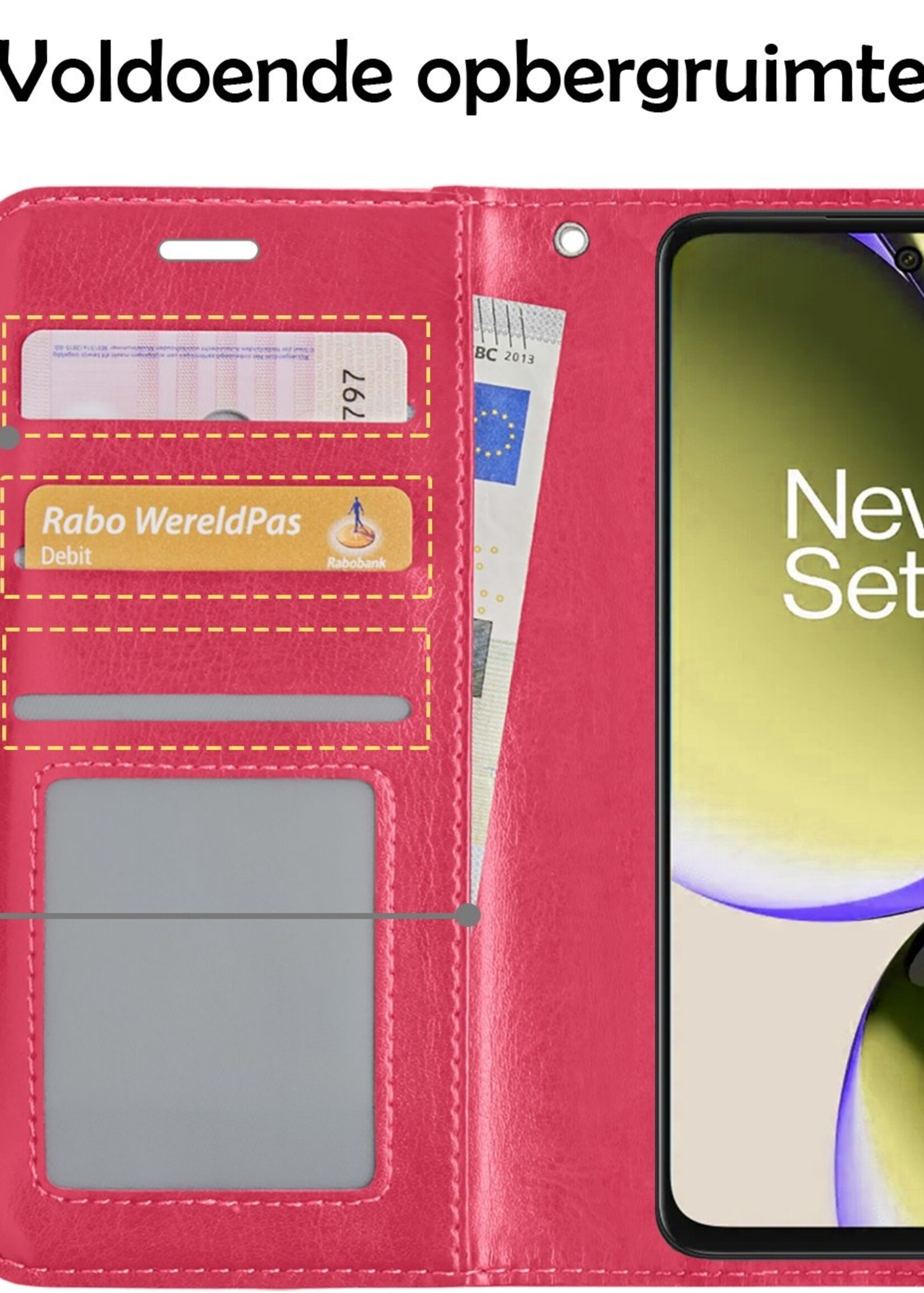 LUQ Hoesje Geschikt voor OnePlus Nord CE 3 Lite Hoesje Book Case Hoes Wallet Cover Met 2x Screenprotector - Hoes Geschikt voor OnePlus Nord CE 3 Lite Hoesje Bookcase Hoes - Donkerroze