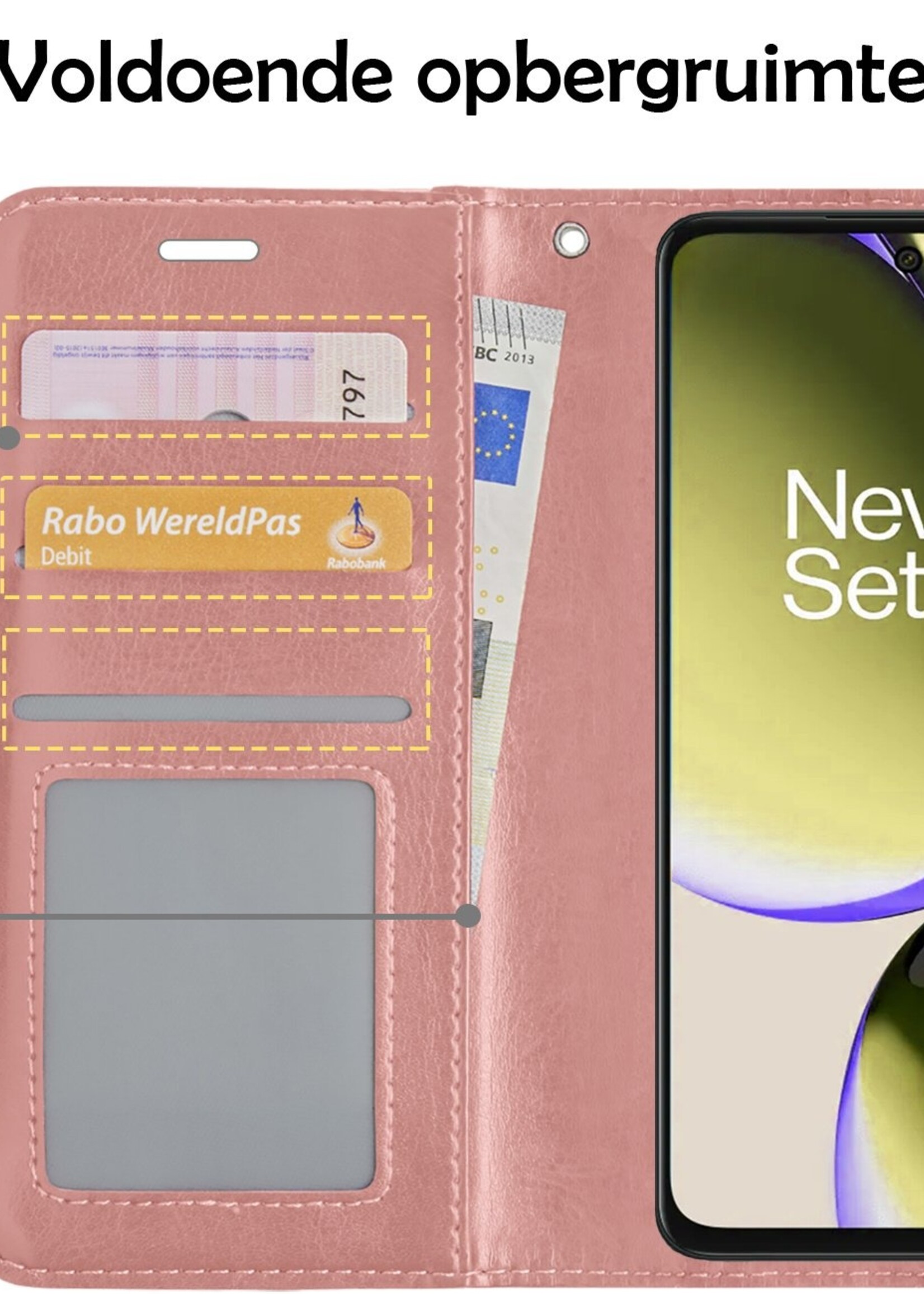 LUQ Hoesje Geschikt voor OnePlus Nord CE 3 Lite Hoesje Book Case Hoes Wallet Cover Met 2x Screenprotector - Hoes Geschikt voor OnePlus Nord CE 3 Lite Hoesje Bookcase Hoes - Rosé goud
