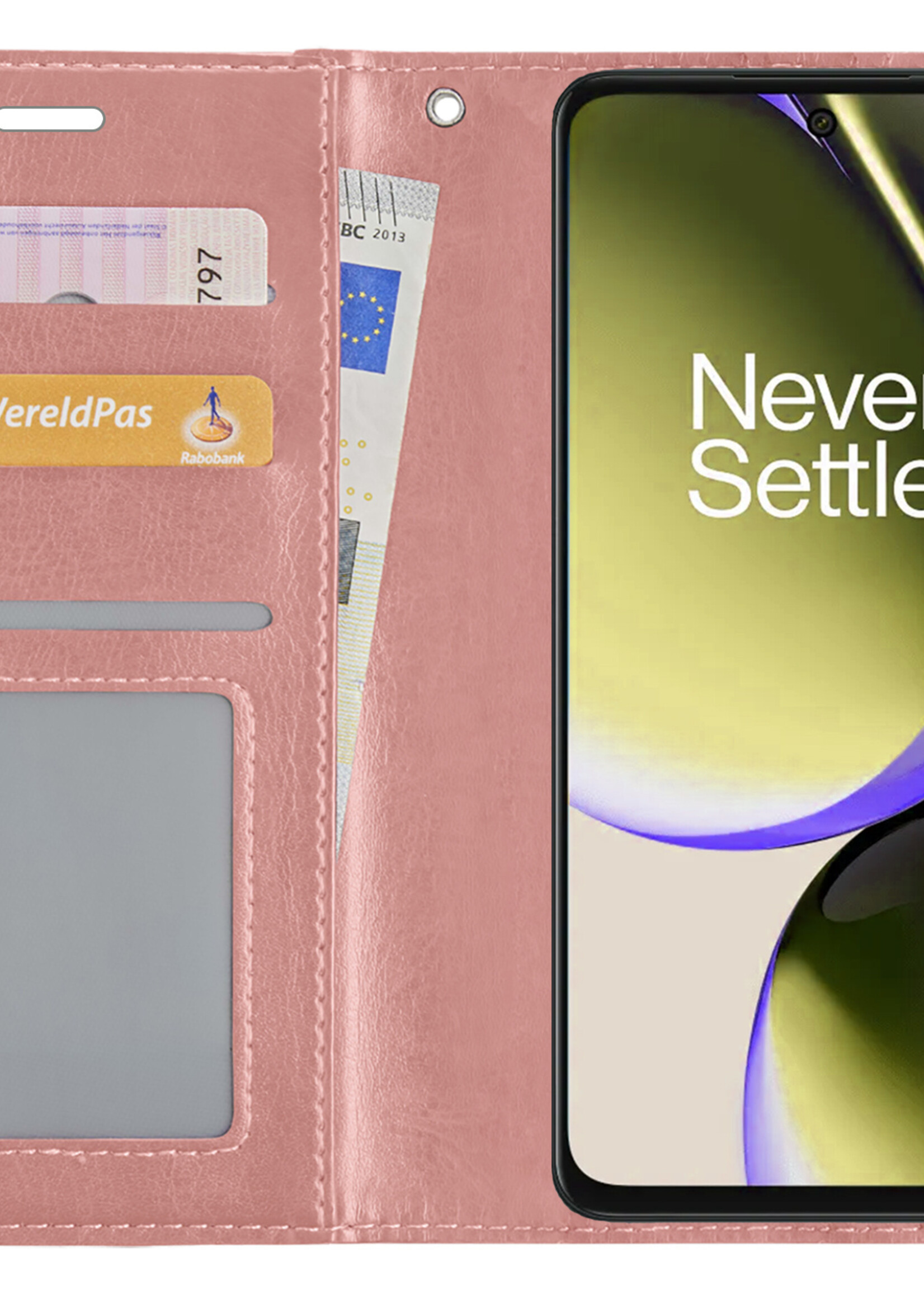 LUQ Hoesje Geschikt voor OnePlus Nord CE 3 Lite Hoesje Book Case Hoes Wallet Cover Met 2x Screenprotector - Hoes Geschikt voor OnePlus Nord CE 3 Lite Hoesje Bookcase Hoes - Rosé goud