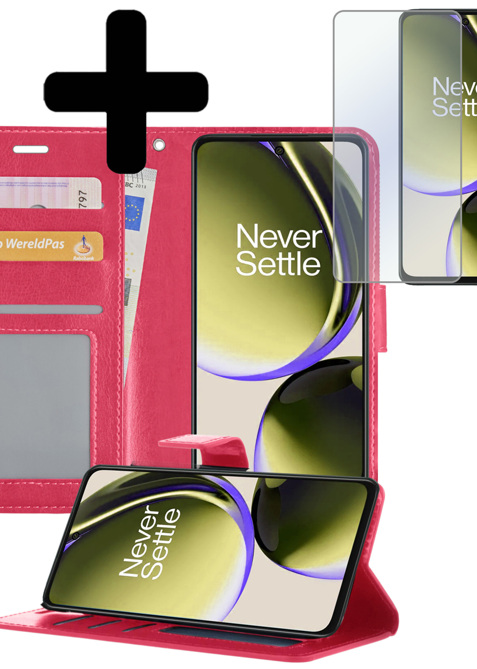 LUQ Hoesje Geschikt voor OnePlus Nord CE 3 Lite Hoesje Book Case Hoes Wallet Cover Met Screenprotector - Hoes Geschikt voor OnePlus Nord CE 3 Lite Hoesje Bookcase Hoes - Donkerroze