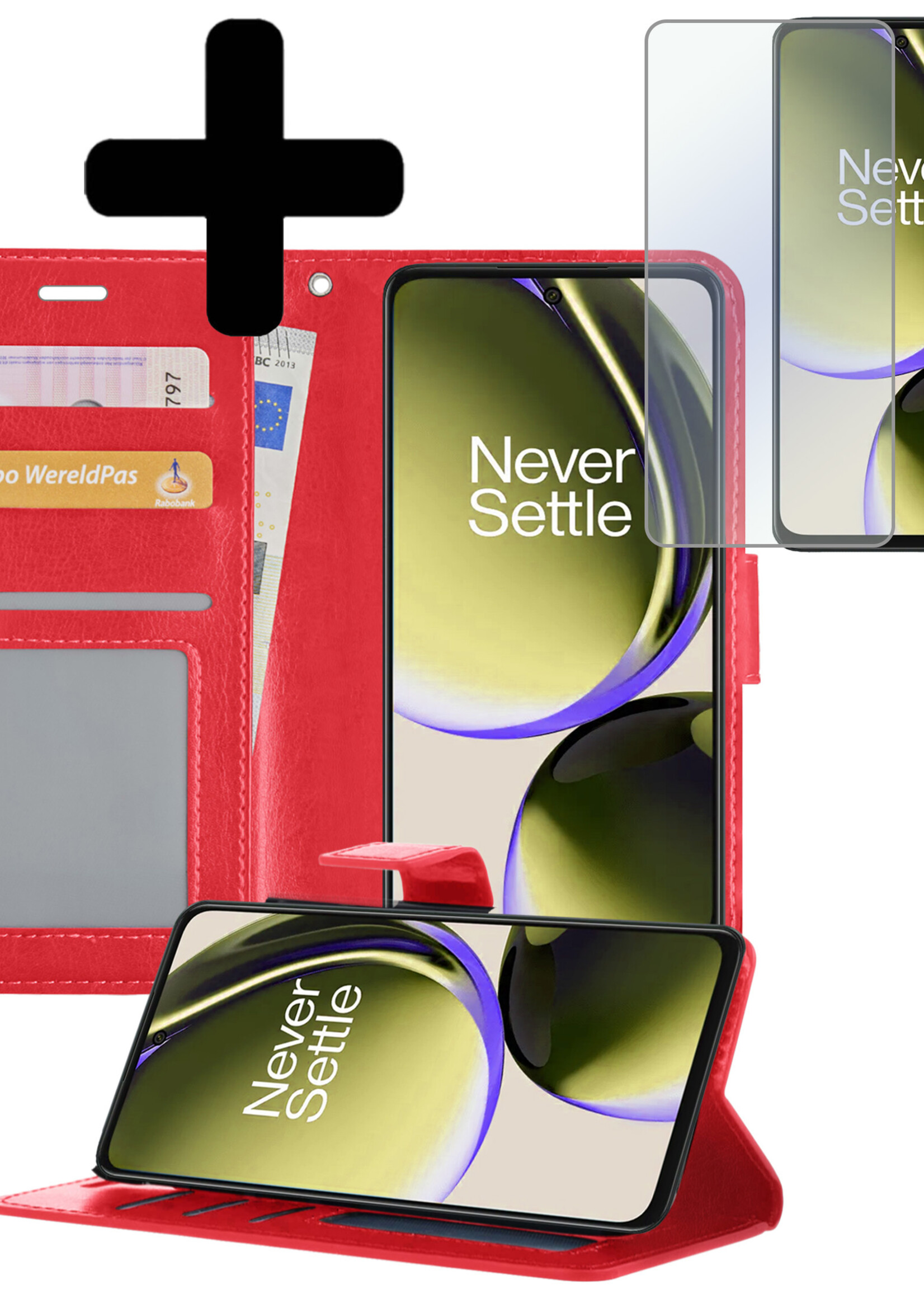 LUQ Hoesje Geschikt voor OnePlus Nord CE 3 Lite Hoesje Book Case Hoes Wallet Cover Met Screenprotector - Hoes Geschikt voor OnePlus Nord CE 3 Lite Hoesje Bookcase Hoes - Rood