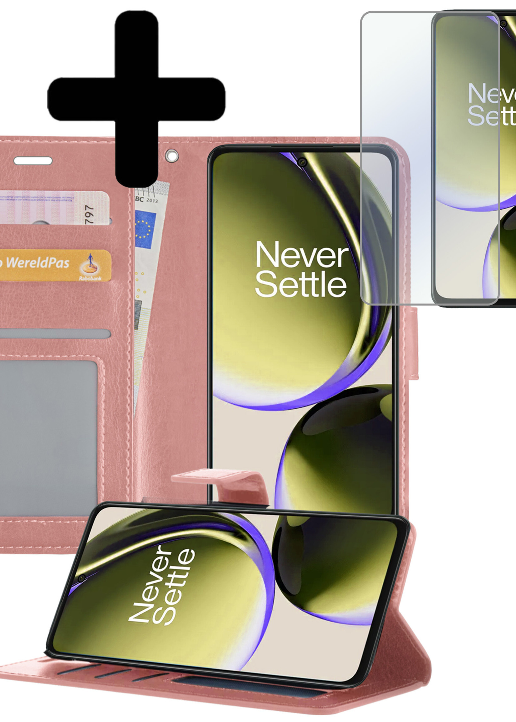 LUQ Hoesje Geschikt voor OnePlus Nord CE 3 Lite Hoesje Book Case Hoes Wallet Cover Met Screenprotector - Hoes Geschikt voor OnePlus Nord CE 3 Lite Hoesje Bookcase Hoes - Rosé goud