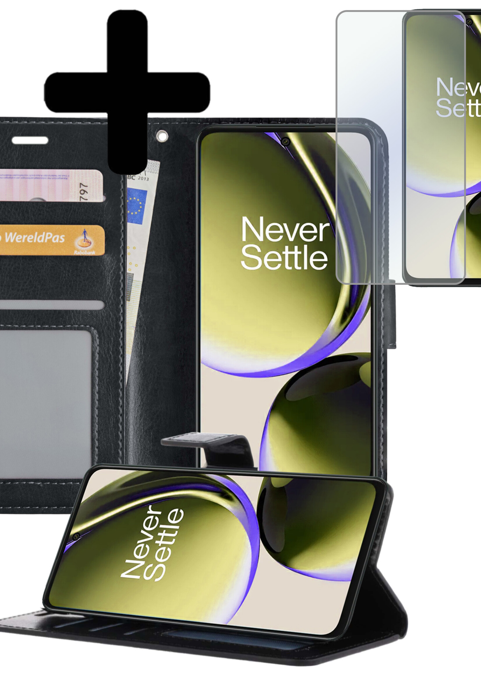 LUQ Hoesje Geschikt voor OnePlus Nord CE 3 Lite Hoesje Book Case Hoes Wallet Cover Met Screenprotector - Hoes Geschikt voor OnePlus Nord CE 3 Lite Hoesje Bookcase Hoes - Zwart