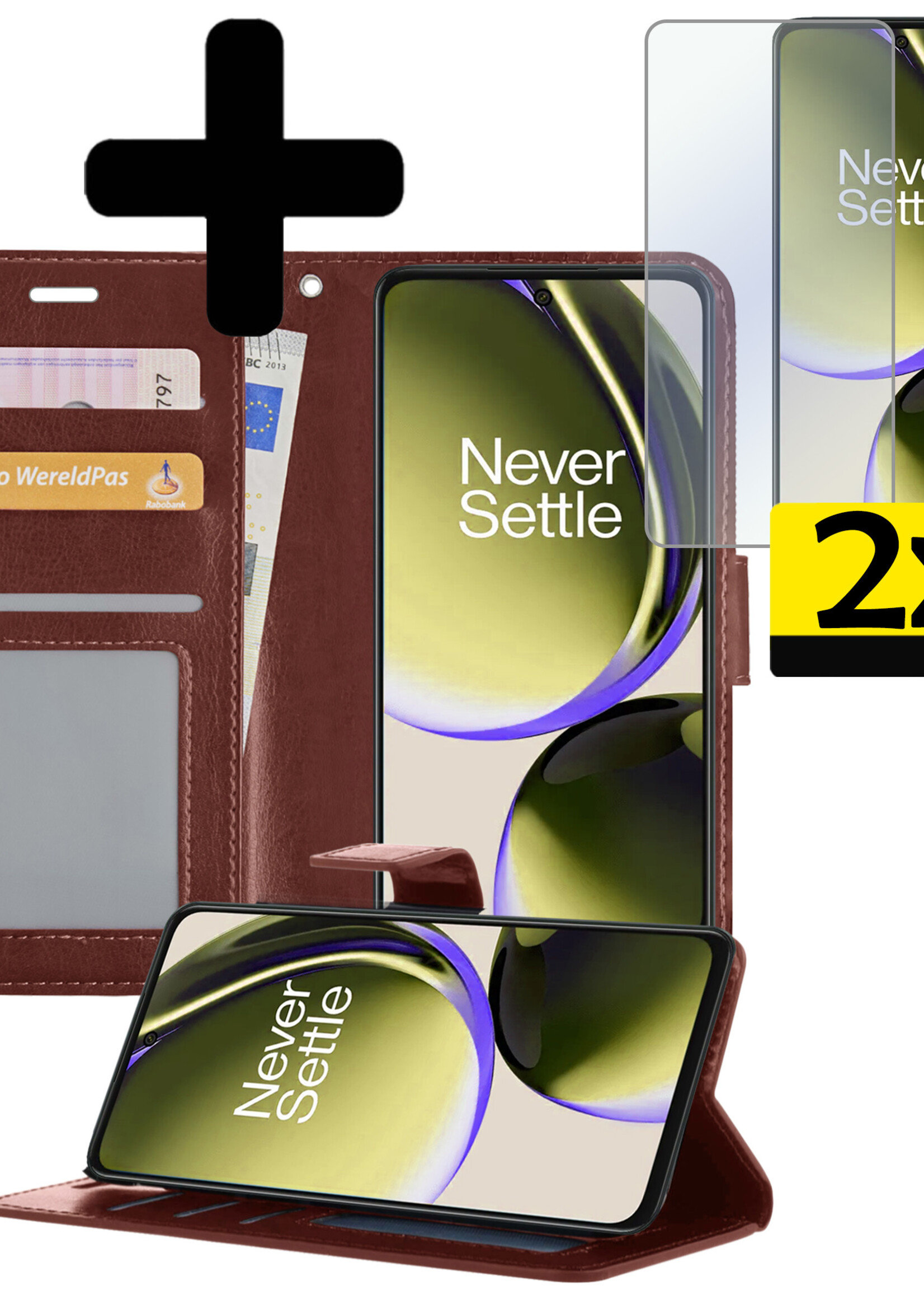LUQ Hoesje Geschikt voor OnePlus Nord CE 3 Lite Hoesje Book Case Hoes Wallet Cover Met 2x Screenprotector - Hoes Geschikt voor OnePlus Nord CE 3 Lite Hoesje Bookcase Hoes - Bruin