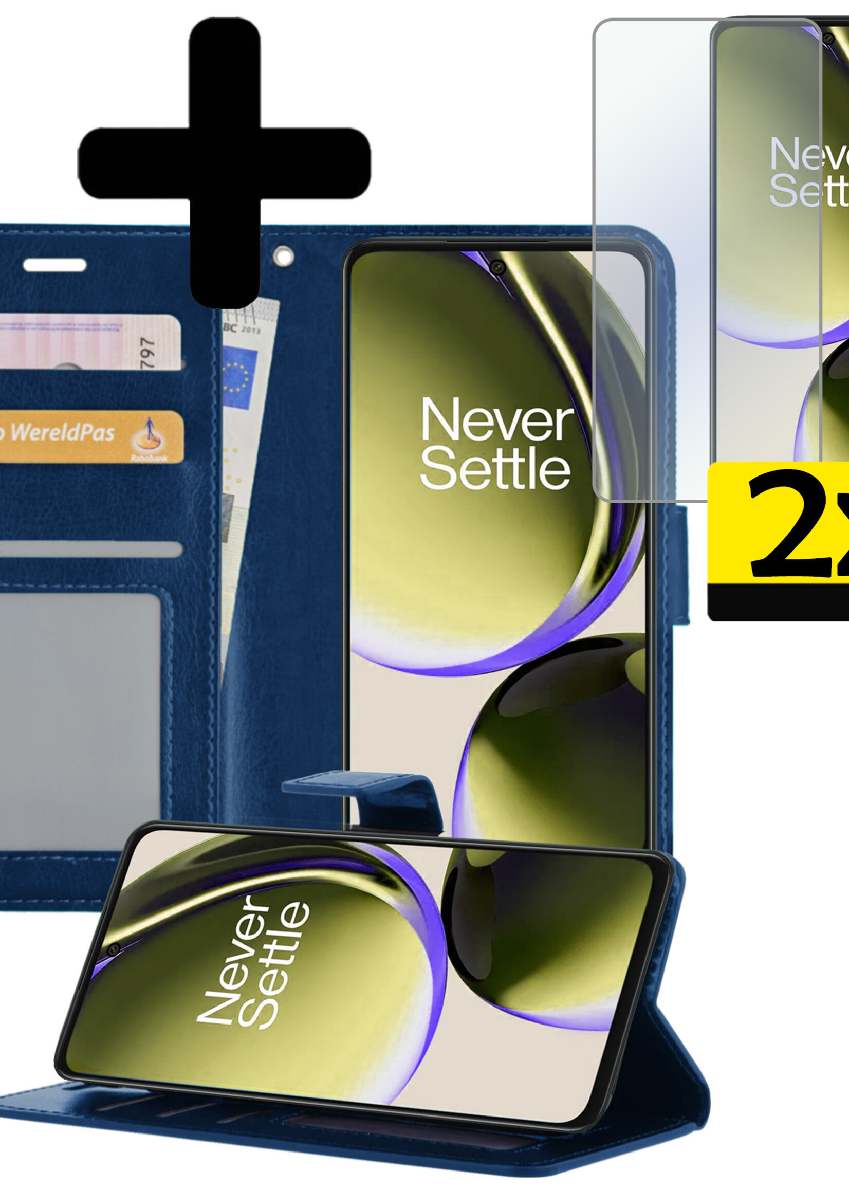 LUQ Hoesje Geschikt voor OnePlus Nord CE 3 Lite Hoesje Book Case Hoes Wallet Cover Met 2x Screenprotector - Hoes Geschikt voor OnePlus Nord CE 3 Lite Hoesje Bookcase Hoes - Donkerblauw