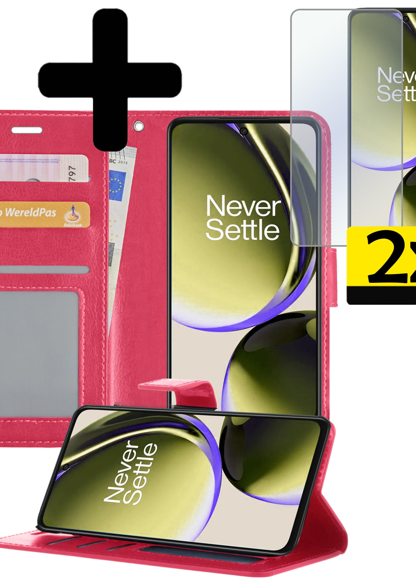 LUQ Hoesje Geschikt voor OnePlus Nord CE 3 Lite Hoesje Book Case Hoes Wallet Cover Met 2x Screenprotector - Hoes Geschikt voor OnePlus Nord CE 3 Lite Hoesje Bookcase Hoes - Donkerroze