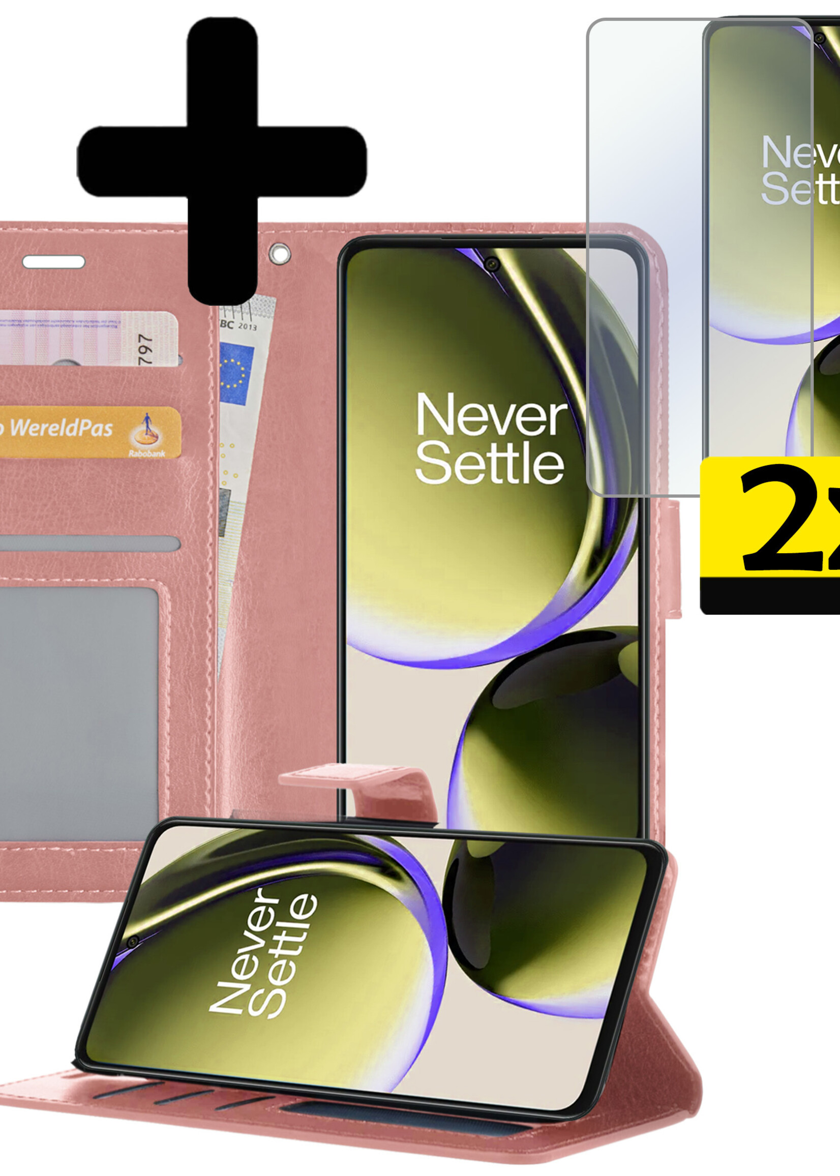 LUQ Hoesje Geschikt voor OnePlus Nord CE 3 Lite Hoesje Book Case Hoes Wallet Cover Met 2x Screenprotector - Hoes Geschikt voor OnePlus Nord CE 3 Lite Hoesje Bookcase Hoes - Rosé goud