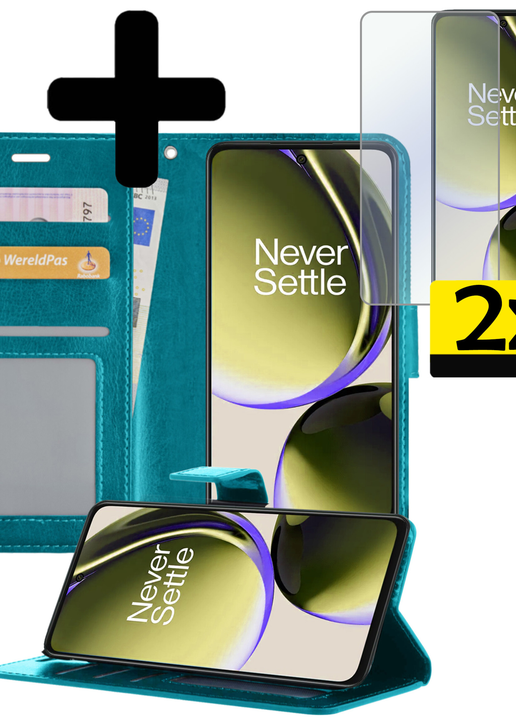 LUQ Hoesje Geschikt voor OnePlus Nord CE 3 Lite Hoesje Book Case Hoes Wallet Cover Met 2x Screenprotector - Hoes Geschikt voor OnePlus Nord CE 3 Lite Hoesje Bookcase Hoes - Turquoise