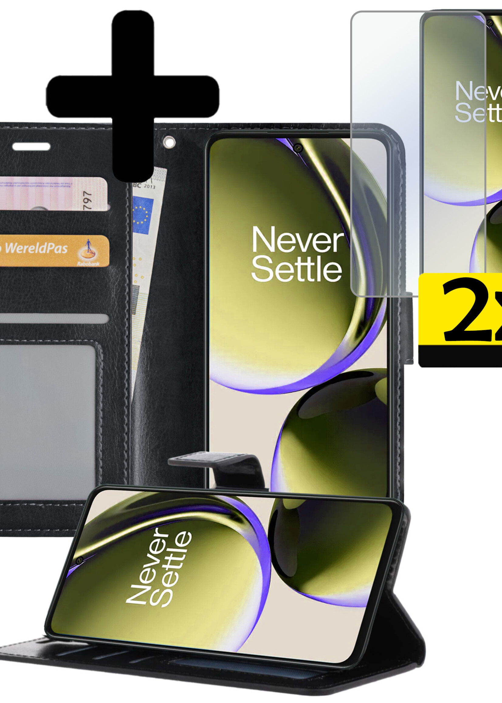 LUQ Hoesje Geschikt voor OnePlus Nord CE 3 Lite Hoesje Book Case Hoes Wallet Cover Met 2x Screenprotector - Hoes Geschikt voor OnePlus Nord CE 3 Lite Hoesje Bookcase Hoes - Zwart