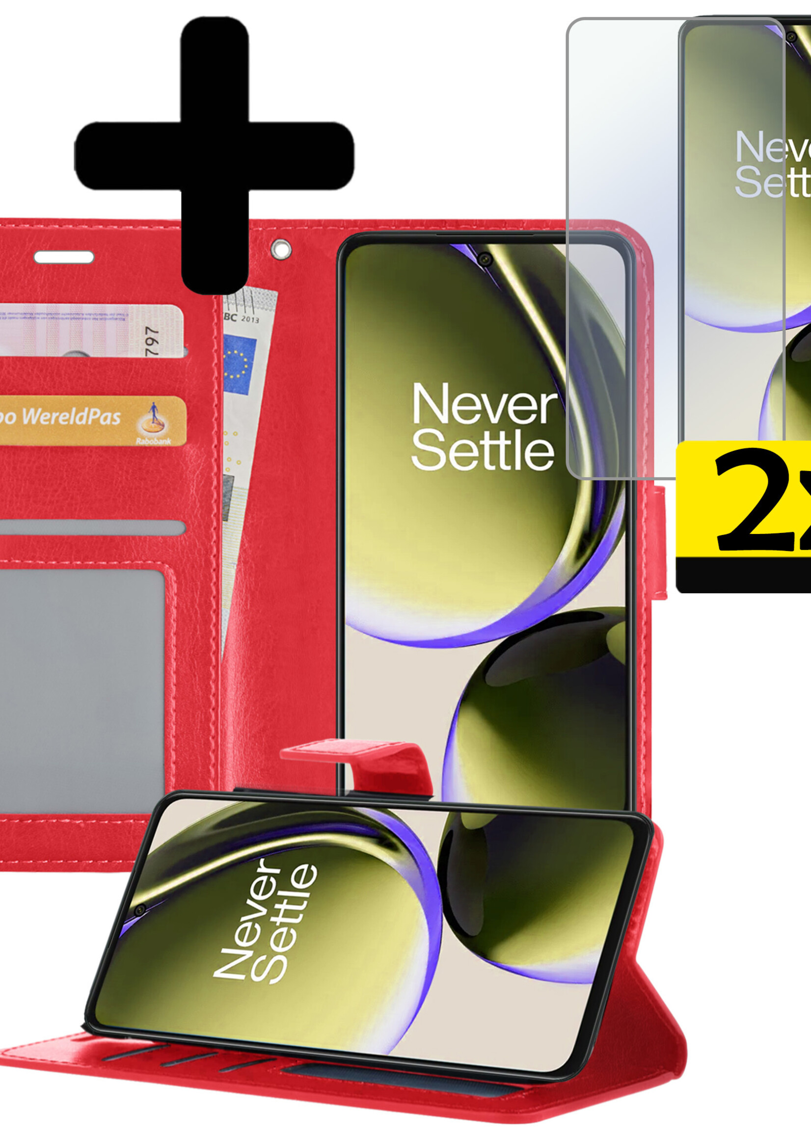 LUQ Hoesje Geschikt voor OnePlus Nord CE 3 Lite Hoesje Book Case Hoes Wallet Cover Met 2x Screenprotector - Hoes Geschikt voor OnePlus Nord CE 3 Lite Hoesje Bookcase Hoes - Rood