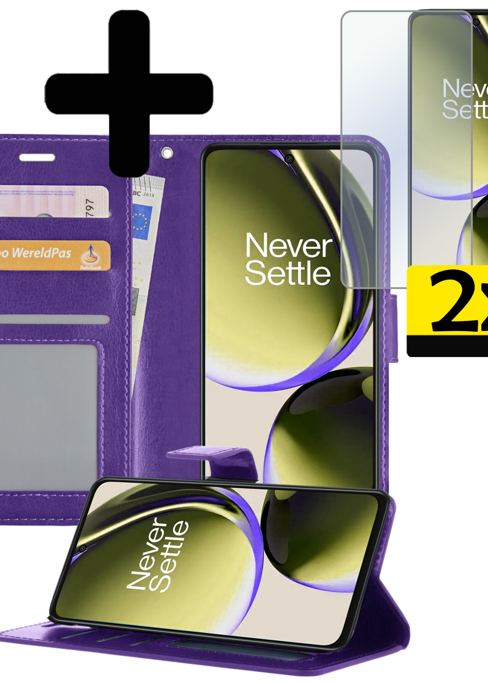 LUQ Hoesje Geschikt voor OnePlus Nord CE 3 Lite Hoesje Book Case Hoes Wallet Cover Met 2x Screenprotector - Hoes Geschikt voor OnePlus Nord CE 3 Lite Hoesje Bookcase Hoes - Paars