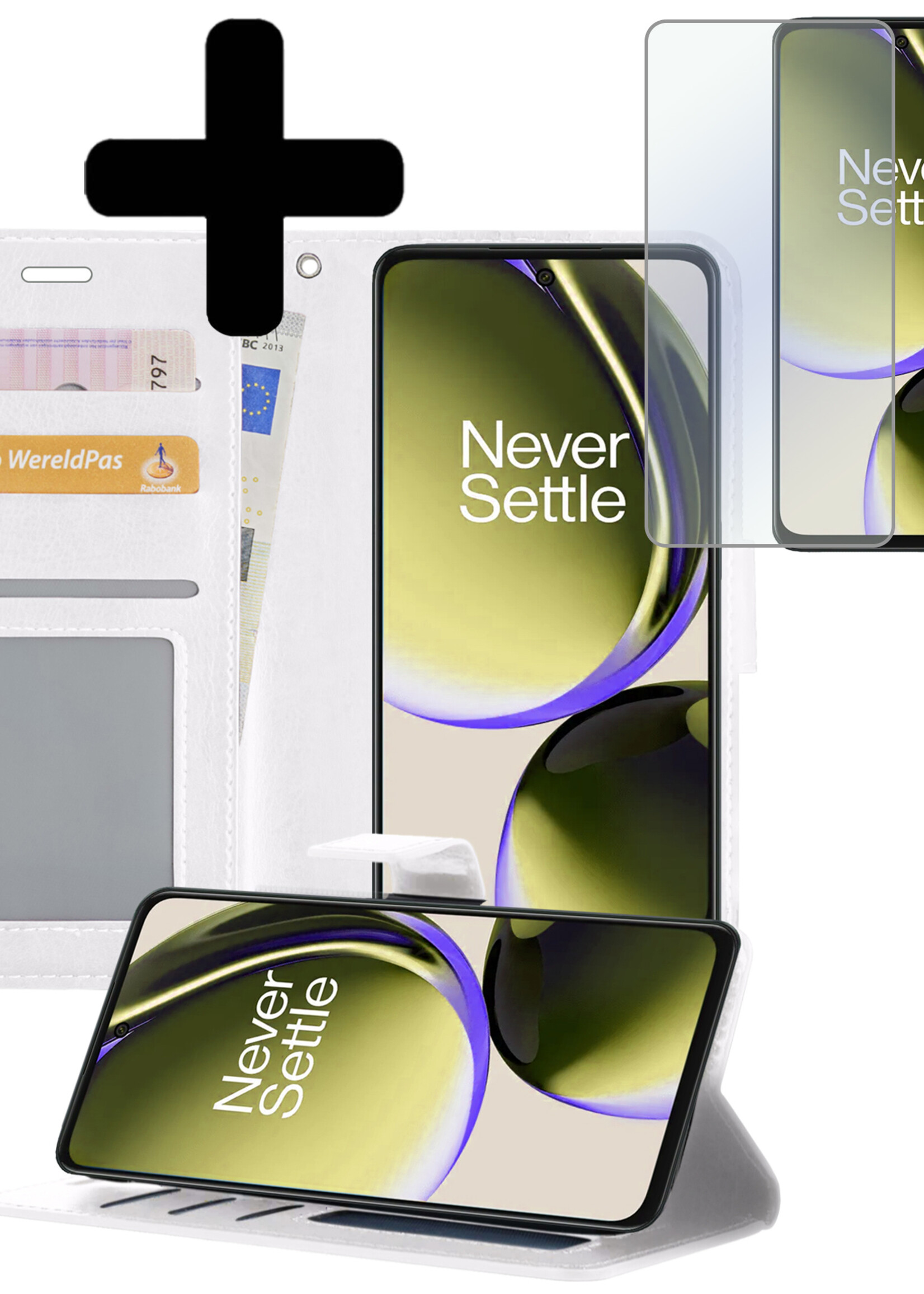 LUQ Hoesje Geschikt voor OnePlus Nord CE 3 Lite Hoesje Book Case Hoes Wallet Cover Met Screenprotector - Hoes Geschikt voor OnePlus Nord CE 3 Lite Hoesje Bookcase Hoes - Wit
