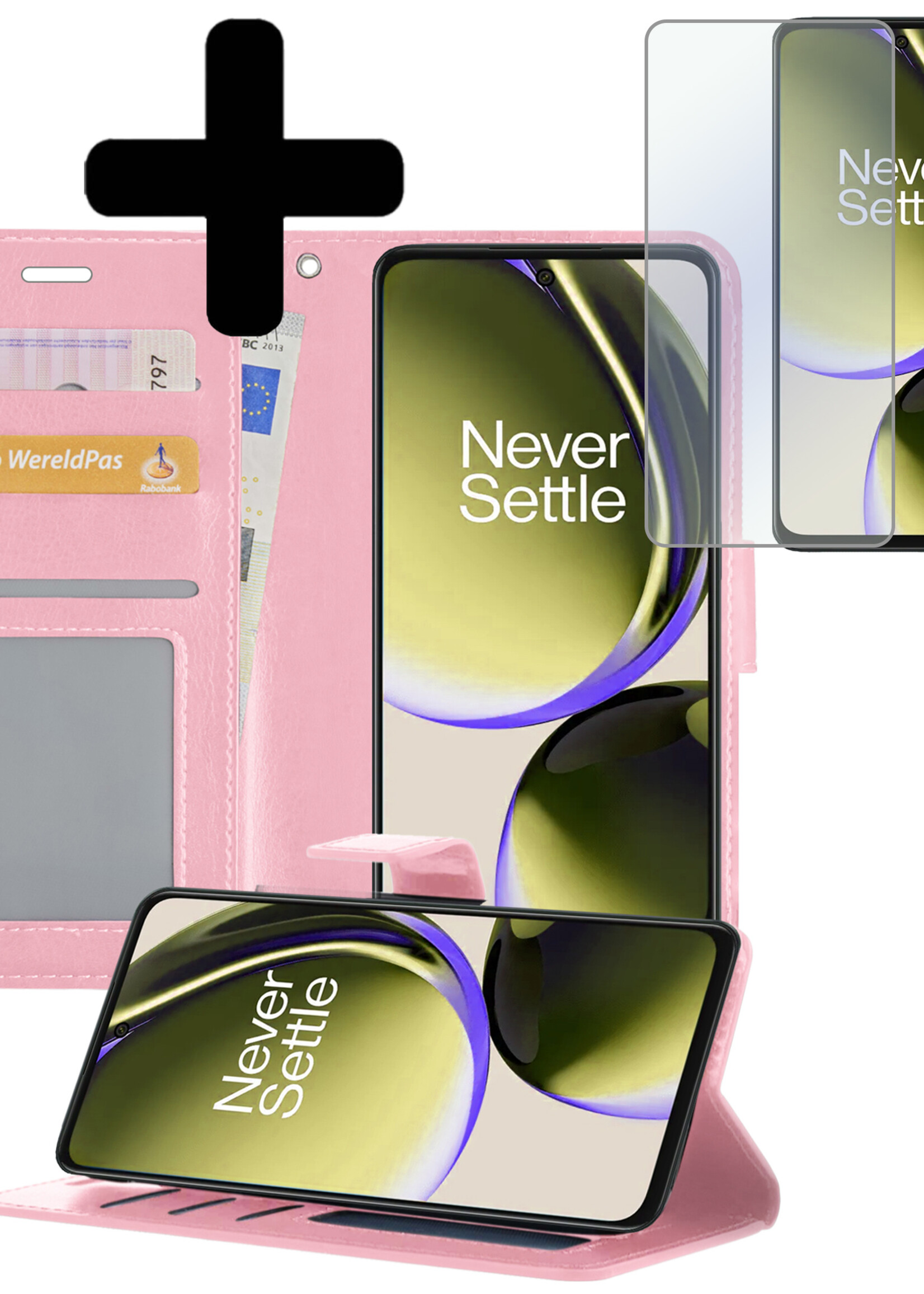 LUQ Hoesje Geschikt voor OnePlus Nord CE 3 Lite Hoesje Book Case Hoes Wallet Cover Met Screenprotector - Hoes Geschikt voor OnePlus Nord CE 3 Lite Hoesje Bookcase Hoes - Lichtroze