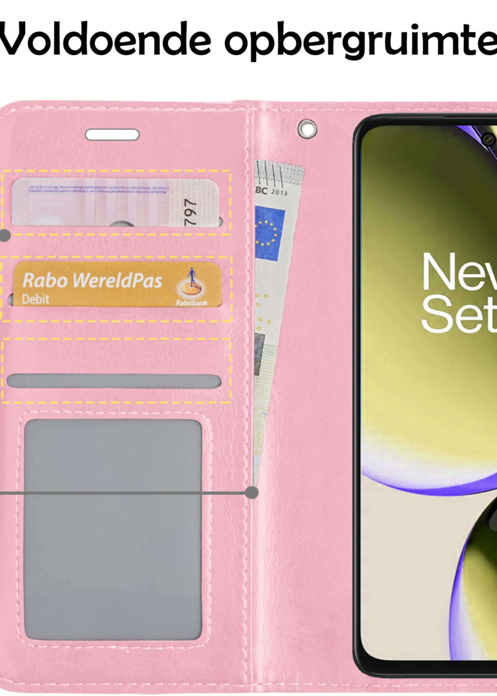 LUQ Hoesje Geschikt voor OnePlus Nord CE 3 Lite Hoesje Book Case Hoes Wallet Cover Met 2x Screenprotector - Hoes Geschikt voor OnePlus Nord CE 3 Lite Hoesje Bookcase Hoes - Lichtroze