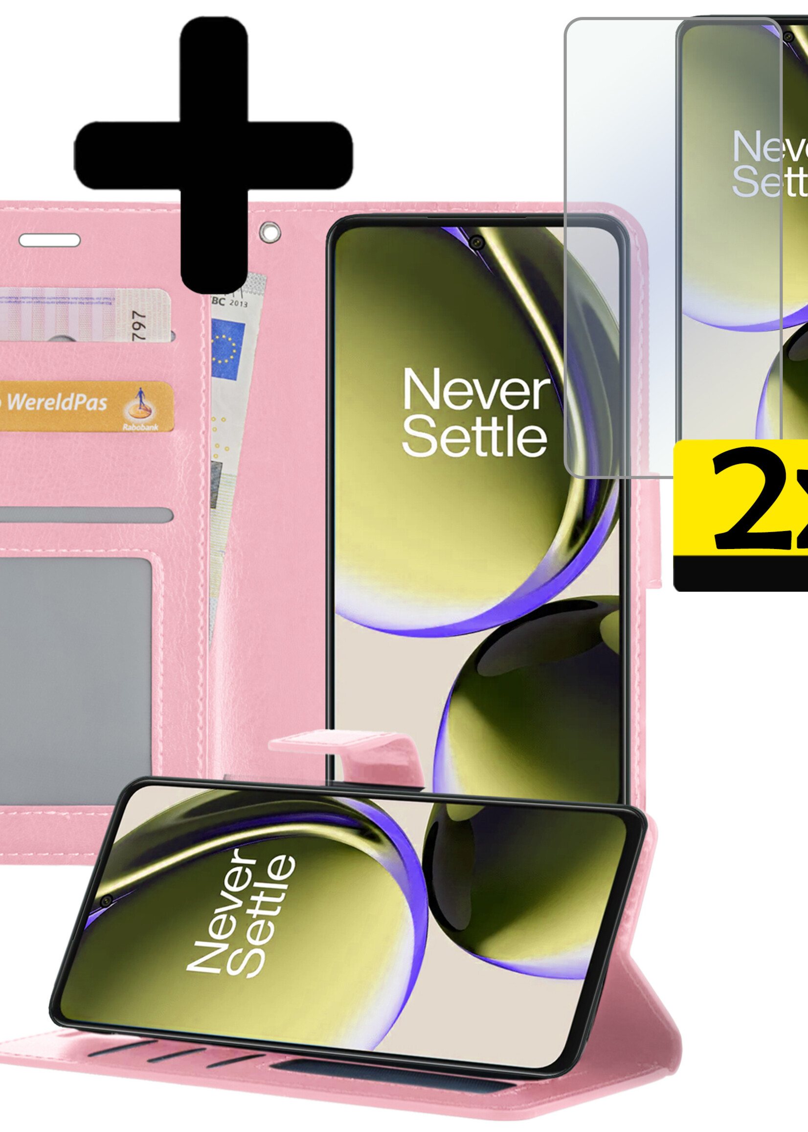 LUQ Hoesje Geschikt voor OnePlus Nord CE 3 Lite Hoesje Book Case Hoes Wallet Cover Met 2x Screenprotector - Hoes Geschikt voor OnePlus Nord CE 3 Lite Hoesje Bookcase Hoes - Lichtroze