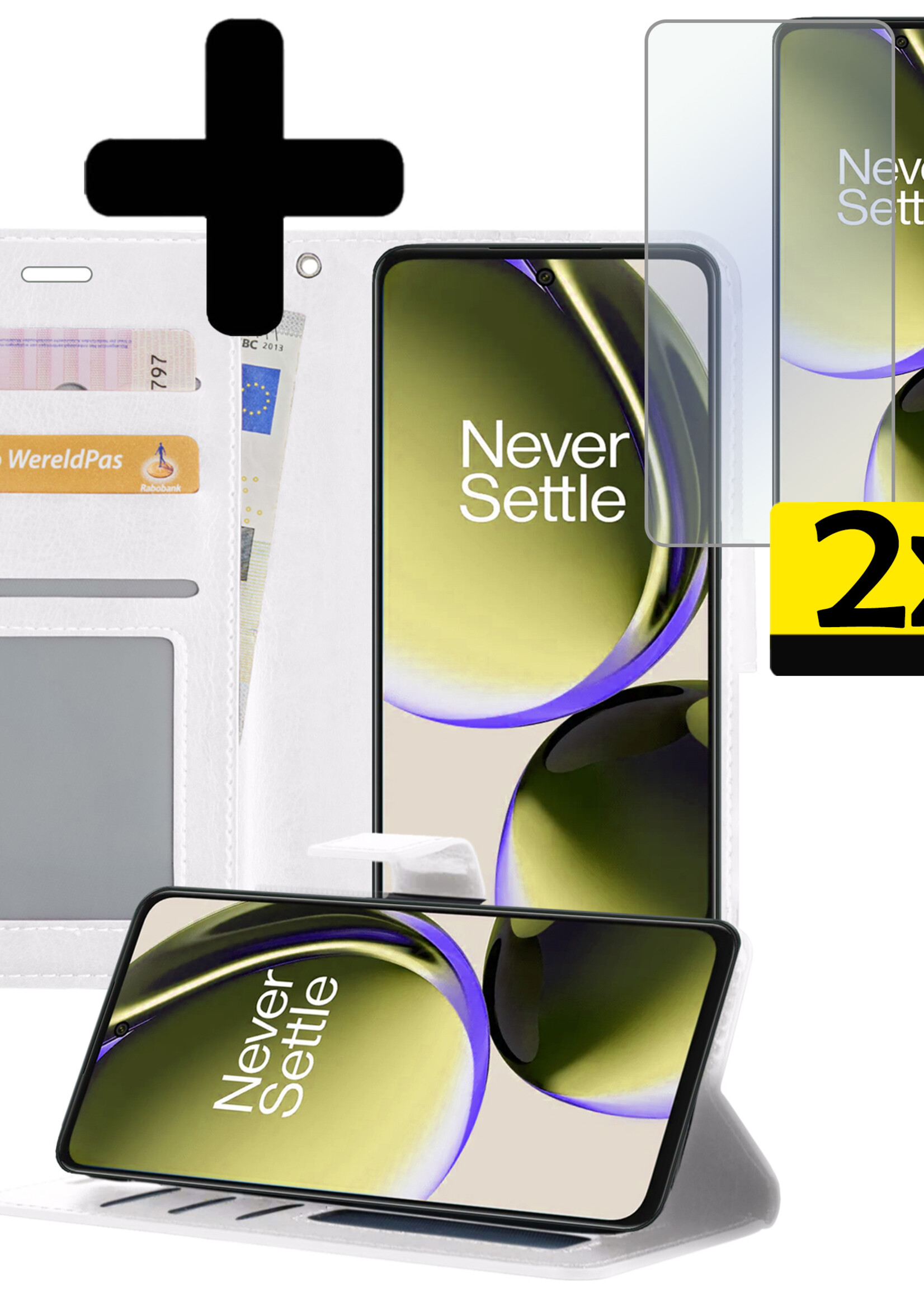 LUQ Hoesje Geschikt voor OnePlus Nord CE 3 Lite Hoesje Book Case Hoes Wallet Cover Met 2x Screenprotector - Hoes Geschikt voor OnePlus Nord CE 3 Lite Hoesje Bookcase Hoes - Wit