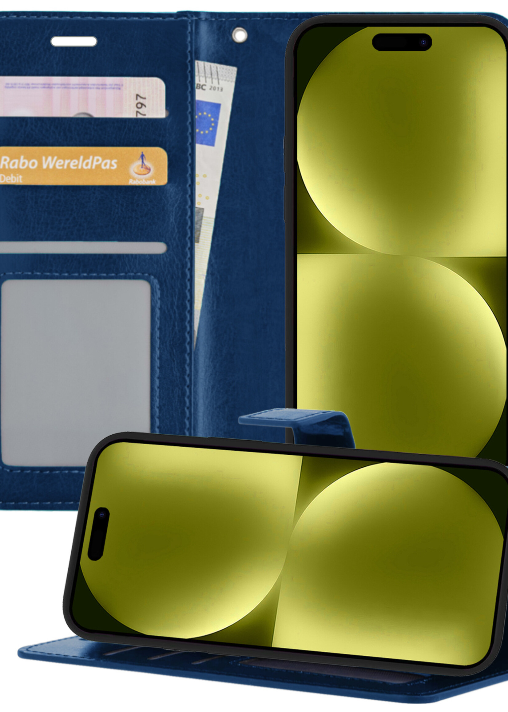 LUQ Hoesje Geschikt voor iPhone 15 Hoesje Book Case Hoes Wallet Cover - Hoes Geschikt voor iPhone 15 Hoesje Bookcase Hoes - Donkerblauw