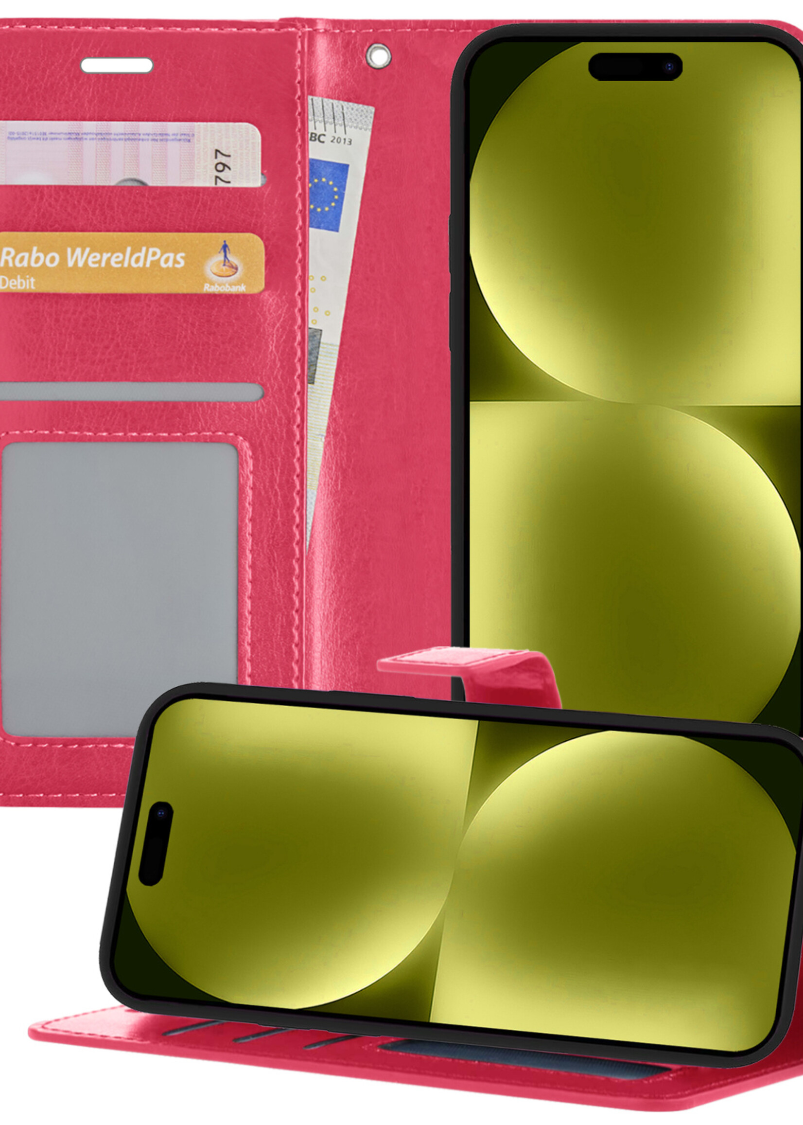 LUQ Hoesje Geschikt voor iPhone 15 Hoesje Book Case Hoes Wallet Cover - Hoes Geschikt voor iPhone 15 Hoesje Bookcase Hoes - Donkerroze