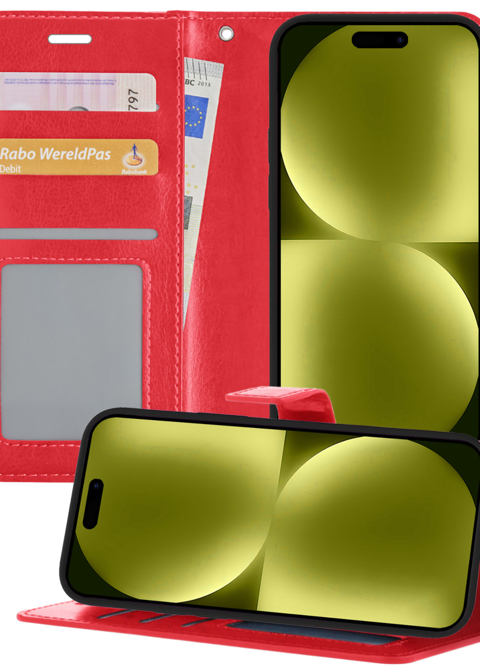LUQ Hoesje Geschikt voor iPhone 15 Hoesje Book Case Hoes Wallet Cover - Hoes Geschikt voor iPhone 15 Hoesje Bookcase Hoes - Rood