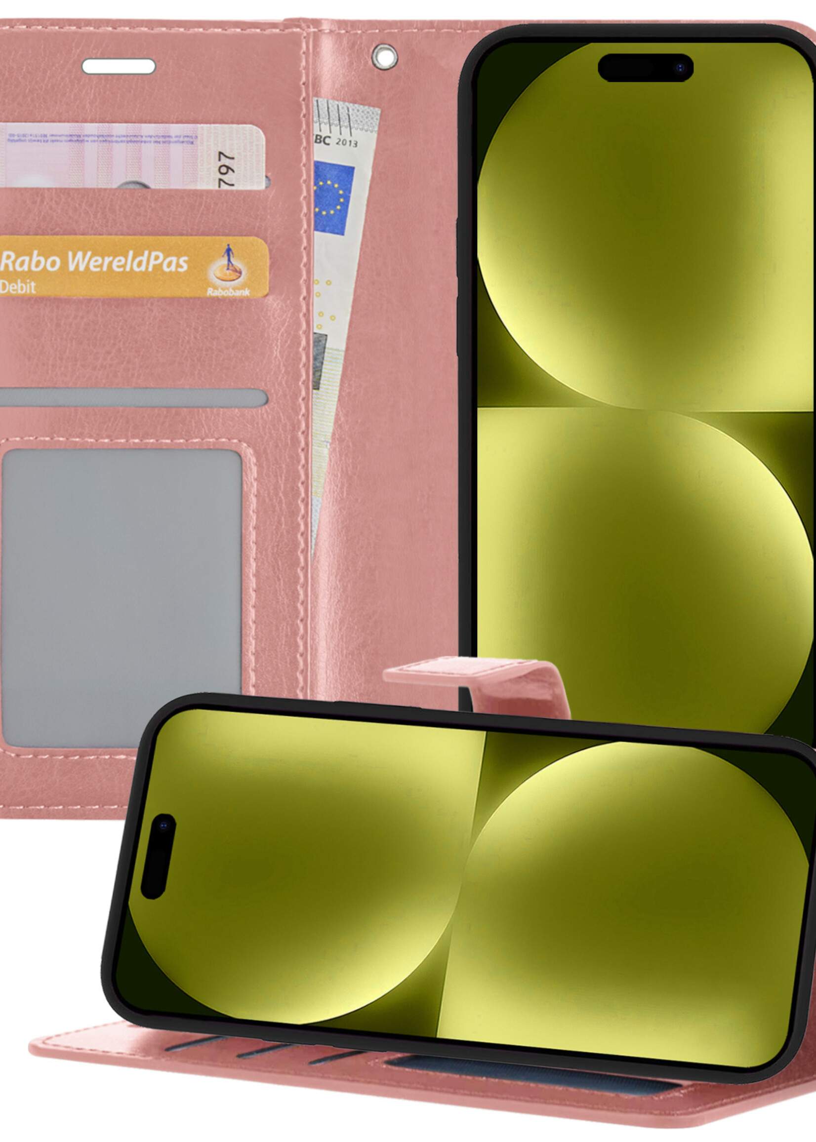 LUQ Hoesje Geschikt voor iPhone 15 Hoesje Book Case Hoes Wallet Cover - Hoes Geschikt voor iPhone 15 Hoesje Bookcase Hoes - Rosé goud