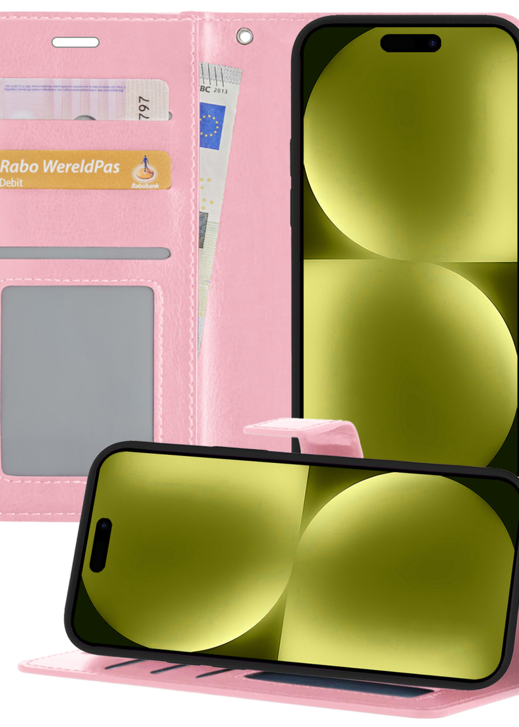 LUQ Hoesje Geschikt voor iPhone 15 Plus Hoesje Book Case Hoes Wallet Cover - Hoes Geschikt voor iPhone 15 Plus Hoesje Bookcase Hoes - Lichtroze