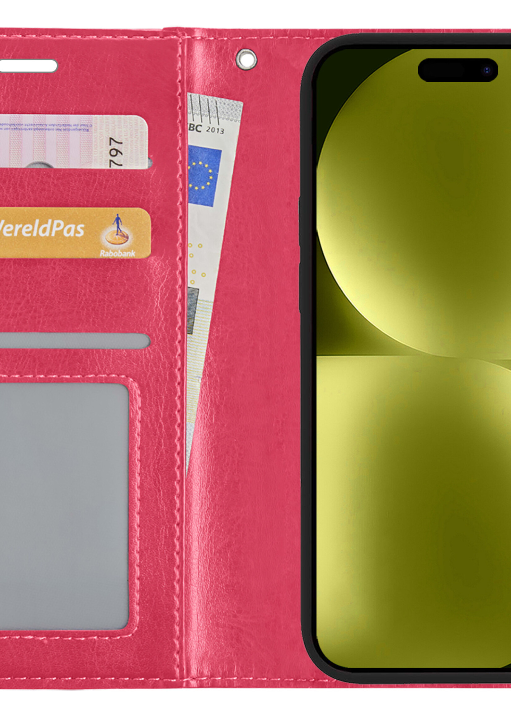 LUQ Hoesje Geschikt voor iPhone 15 Pro Hoesje Book Case Hoes Wallet Cover - Hoes Geschikt voor iPhone 15 Pro Hoesje Bookcase Hoes - Donkerroze