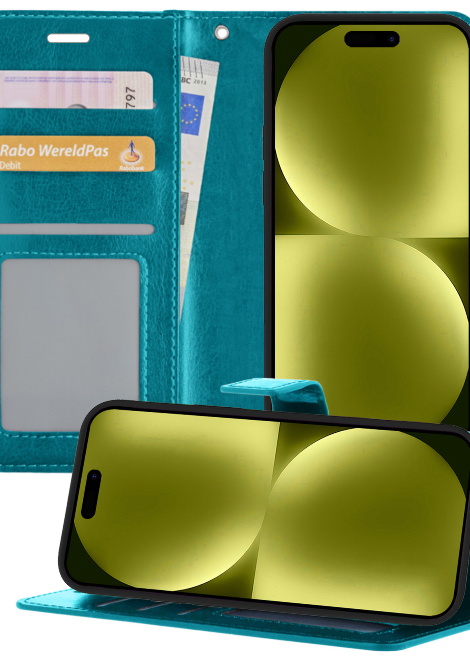 LUQ Hoesje Geschikt voor iPhone 15 Pro Hoesje Book Case Hoes Wallet Cover - Hoes Geschikt voor iPhone 15 Pro Hoesje Bookcase Hoes - Turquoise