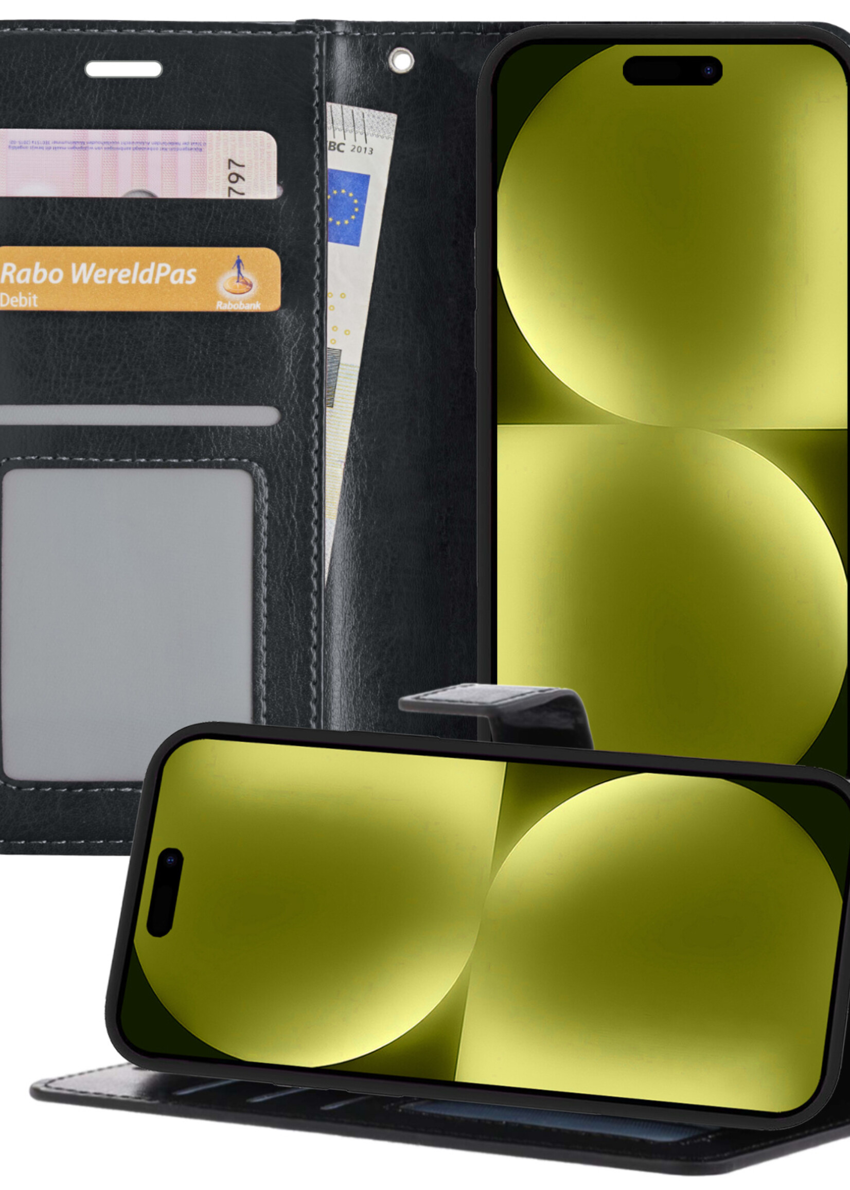 LUQ Hoesje Geschikt voor iPhone 15 Pro Hoesje Book Case Hoes Wallet Cover - Hoes Geschikt voor iPhone 15 Pro Hoesje Bookcase Hoes - Zwart